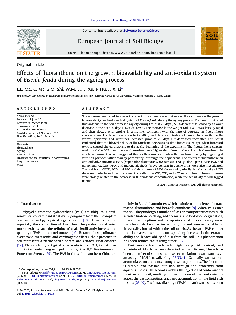 Effects of fluoranthene on the growth, bioavailability and anti-oxidant system of Eisenia fetida during the ageing process