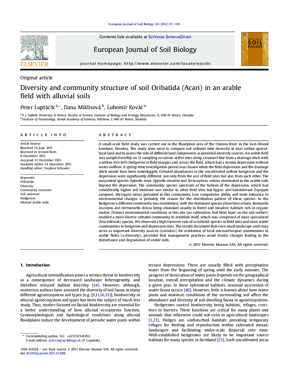 Diversity and community structure of soil Oribatida (Acari) in an arable field with alluvial soils