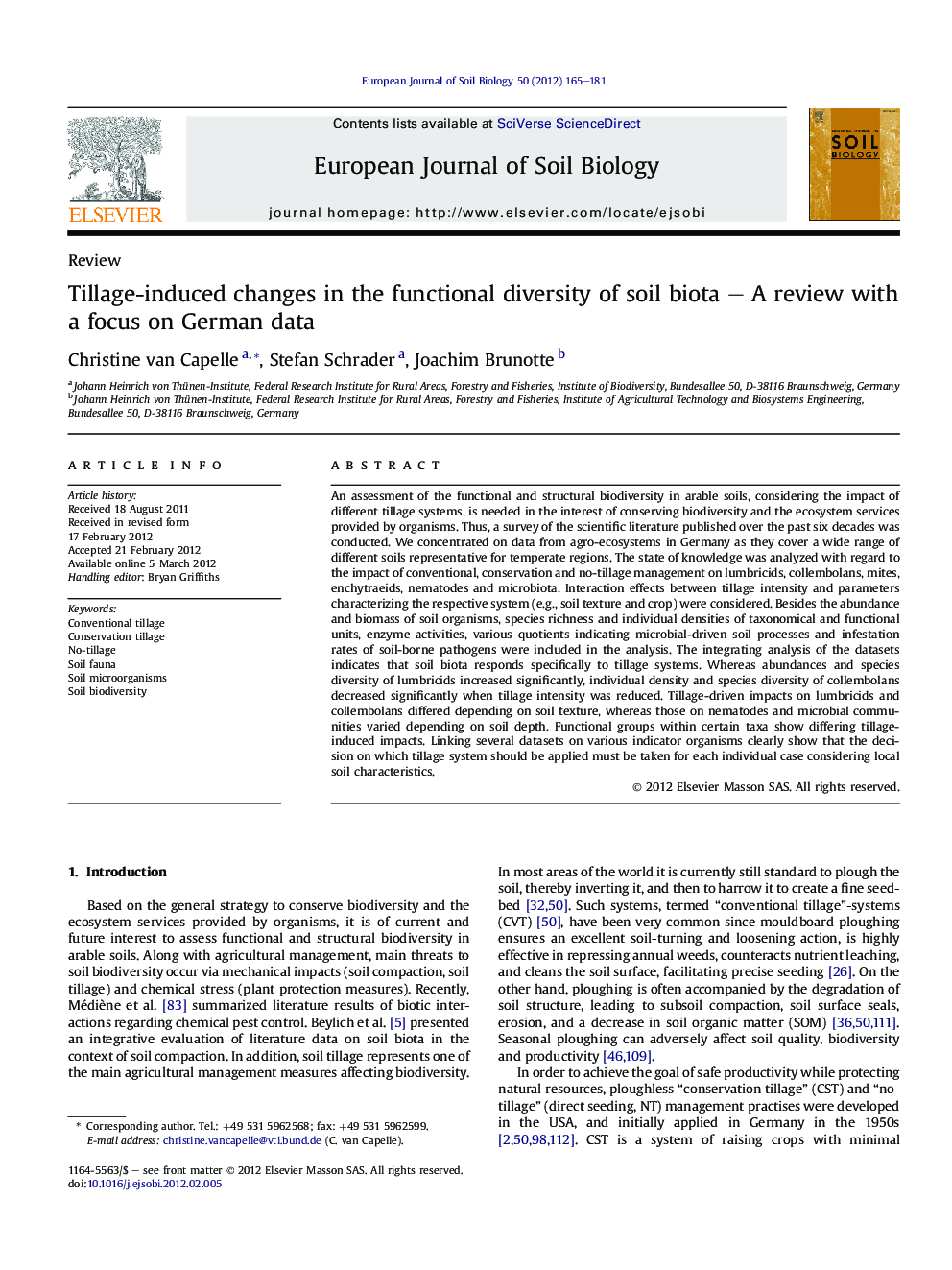 عکس صفحه اول مقاله: Tillage-induced changes in the functional diversity of soil biota – A review with a focus on German data Tillage-induced changes in the functional diversity of soil biota – A review with a focus on German data