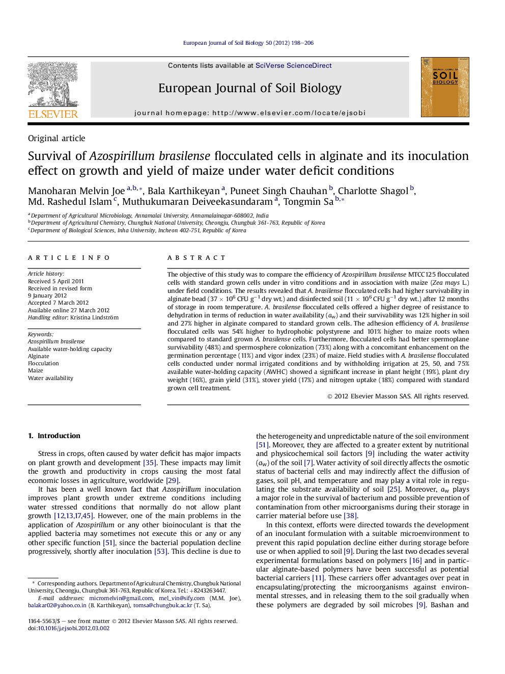 Survival of Azospirillum brasilense flocculated cells in alginate and its inoculation effect on growth and yield of maize under water deficit conditions