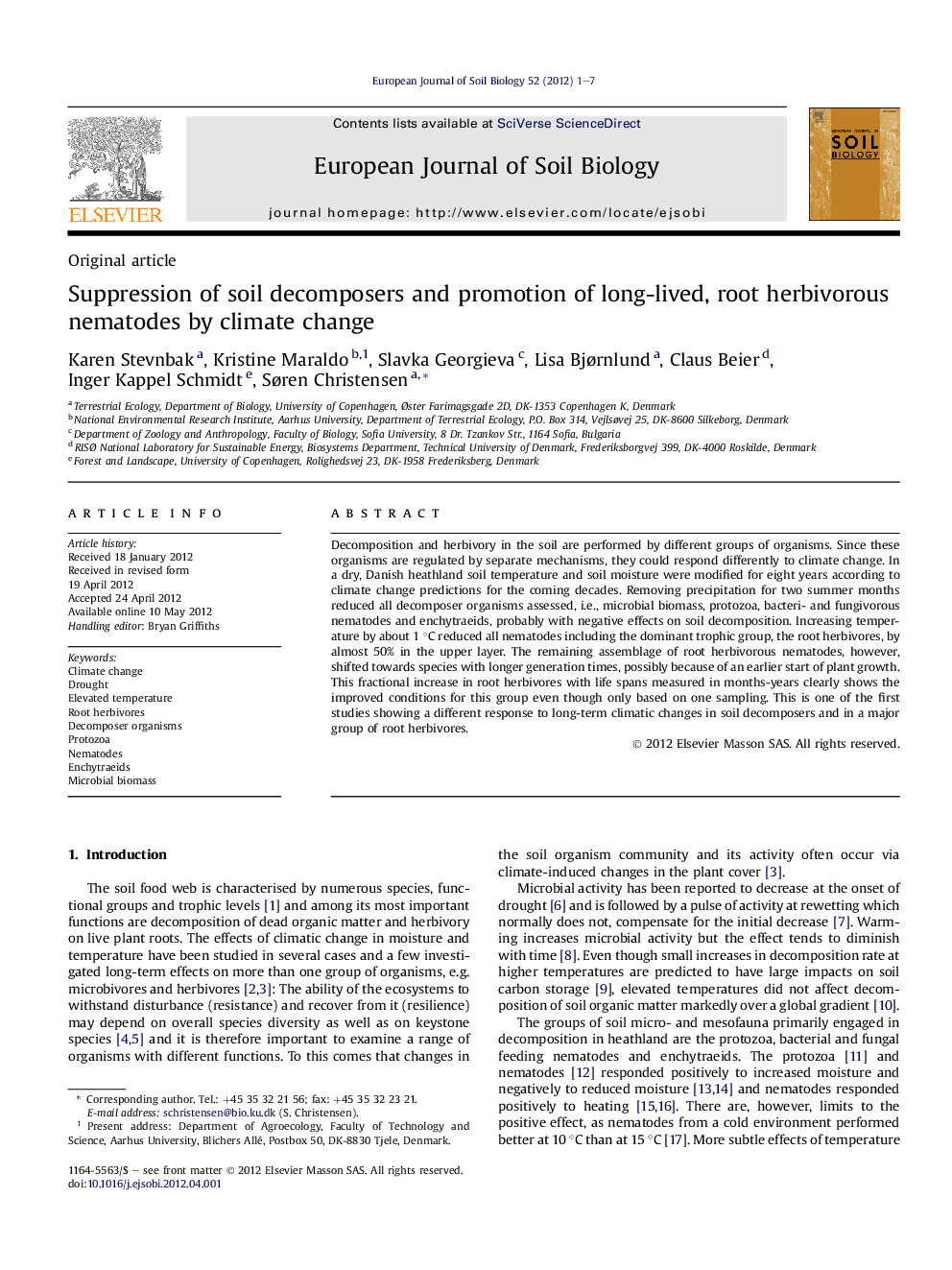 Suppression of soil decomposers and promotion of long-lived, root herbivorous nematodes by climate change