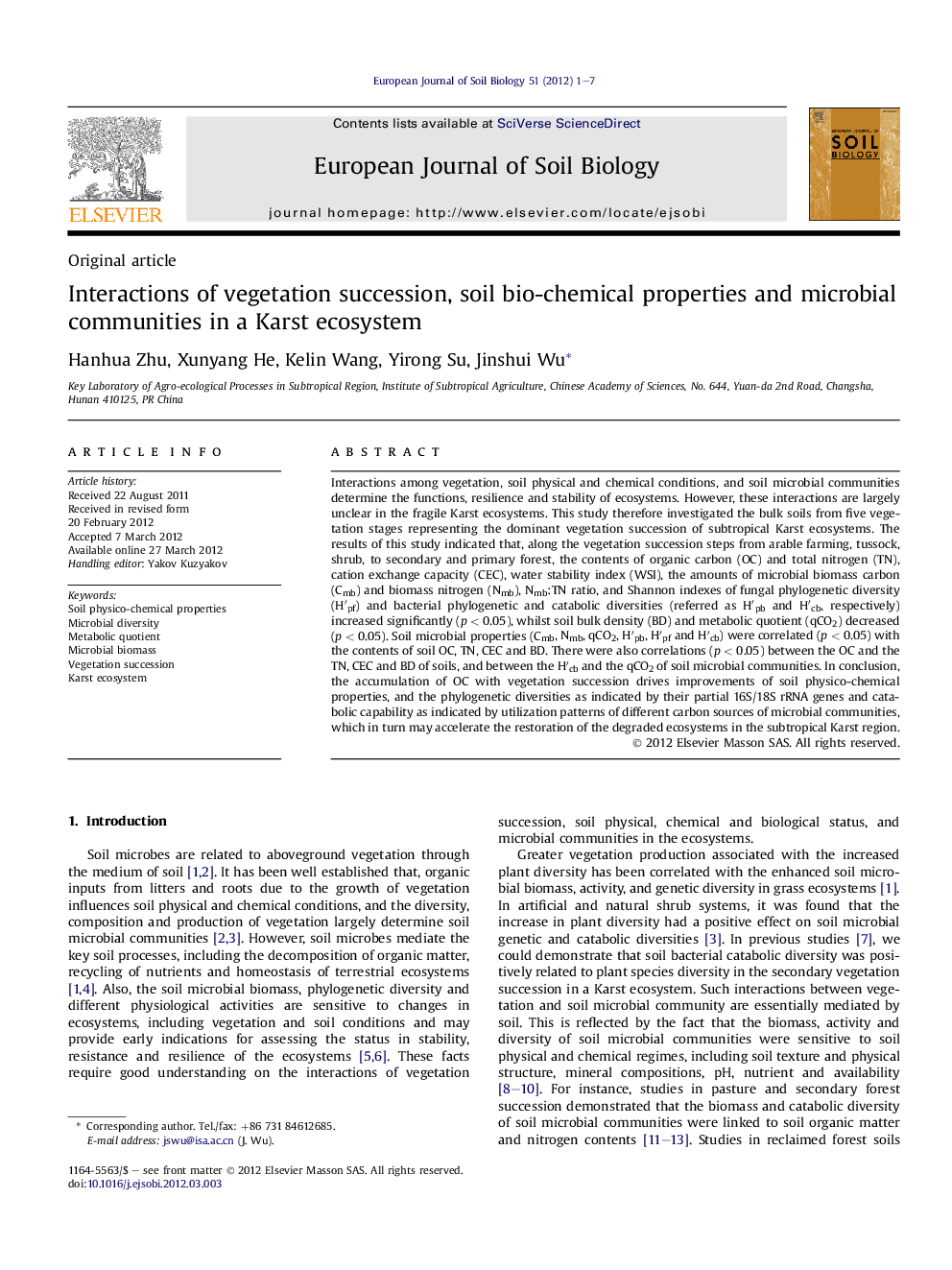 Interactions of vegetation succession, soil bio-chemical properties and microbial communities in a Karst ecosystem