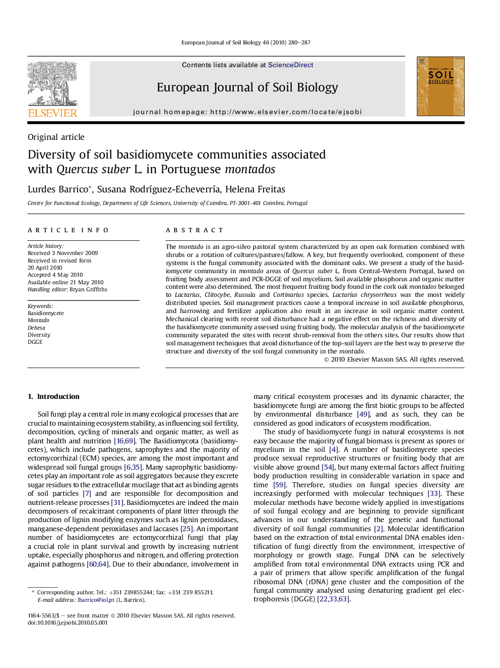 Diversity of soil basidiomycete communities associated with Quercus suber L. in Portuguese montados