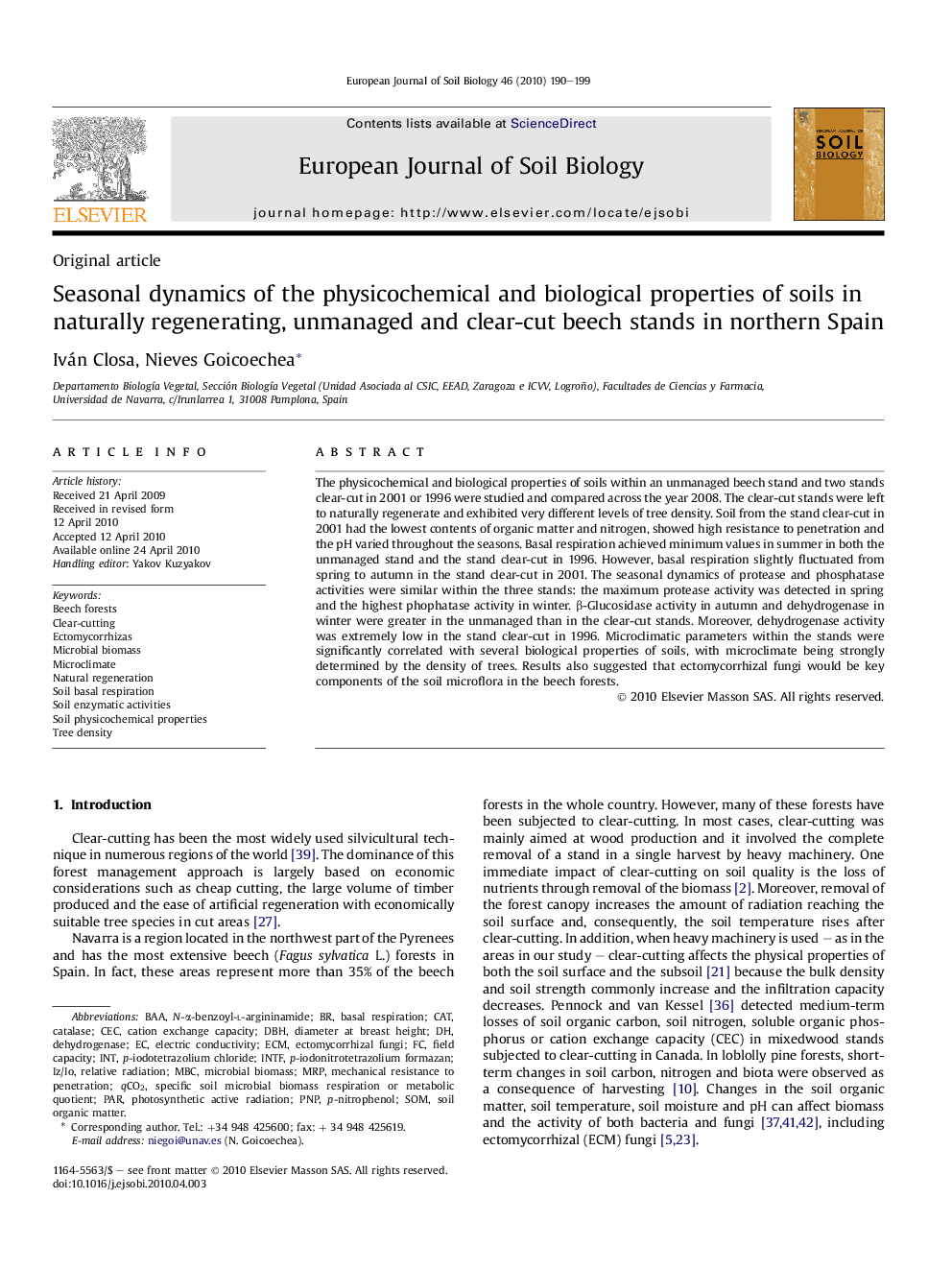 Seasonal dynamics of the physicochemical and biological properties of soils in naturally regenerating, unmanaged and clear-cut beech stands in northern Spain