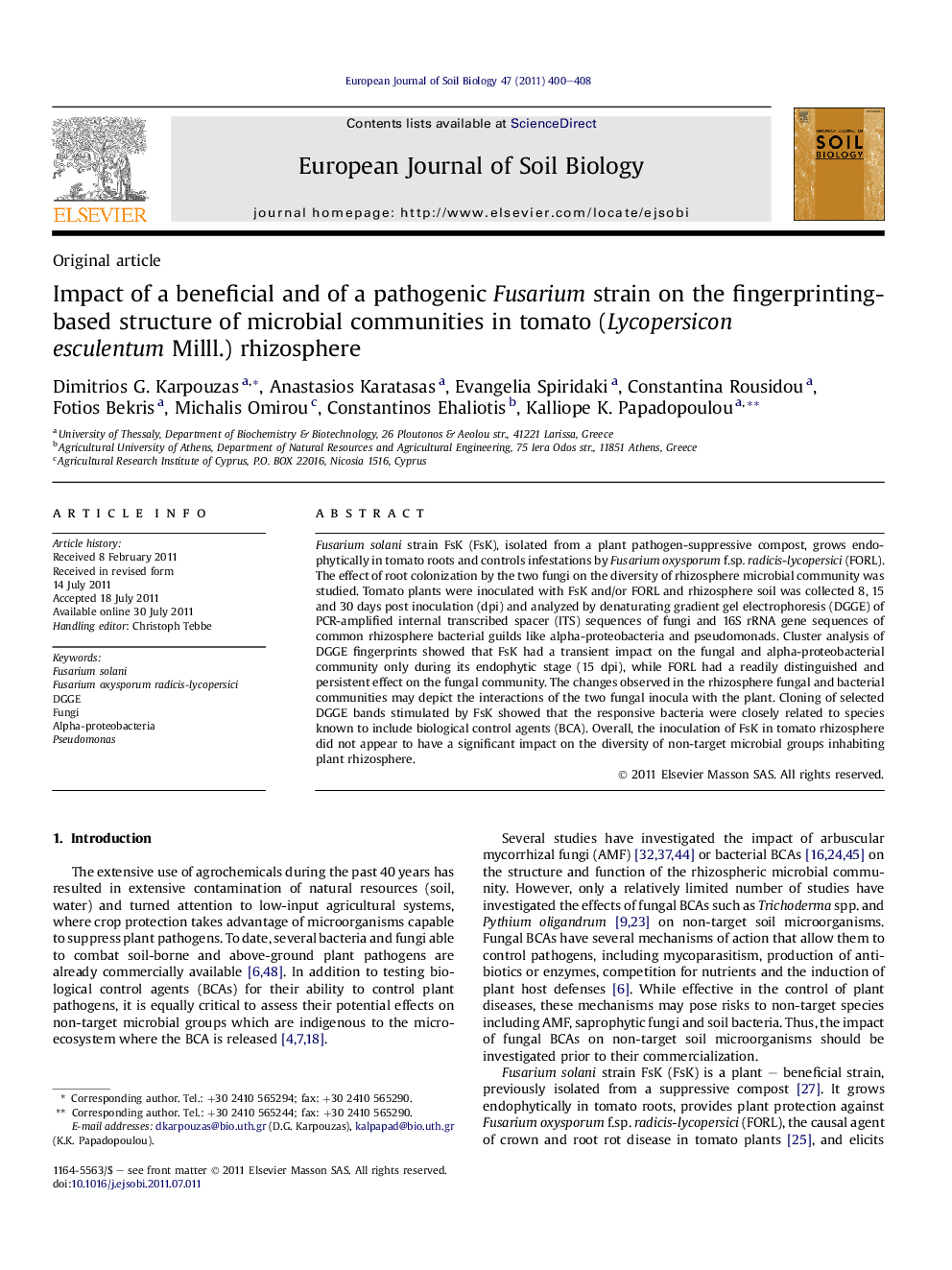 Impact of a beneficial and of a pathogenic Fusarium strain on the fingerprinting-based structure of microbial communities in tomato (Lycopersicon esculentum Milll.) rhizosphere