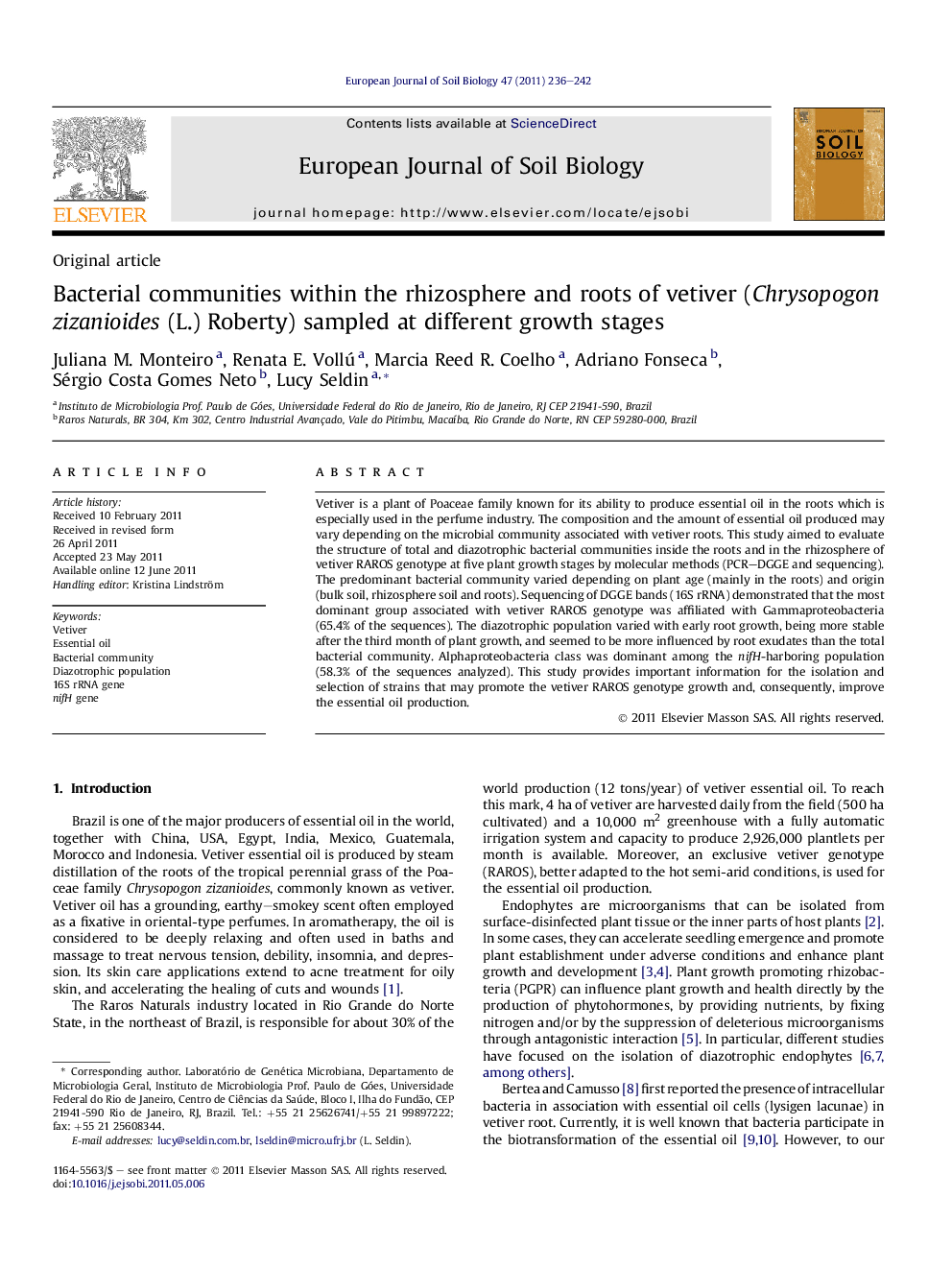 Bacterial communities within the rhizosphere and roots of vetiver (Chrysopogon zizanioides (L.) Roberty) sampled at different growth stages