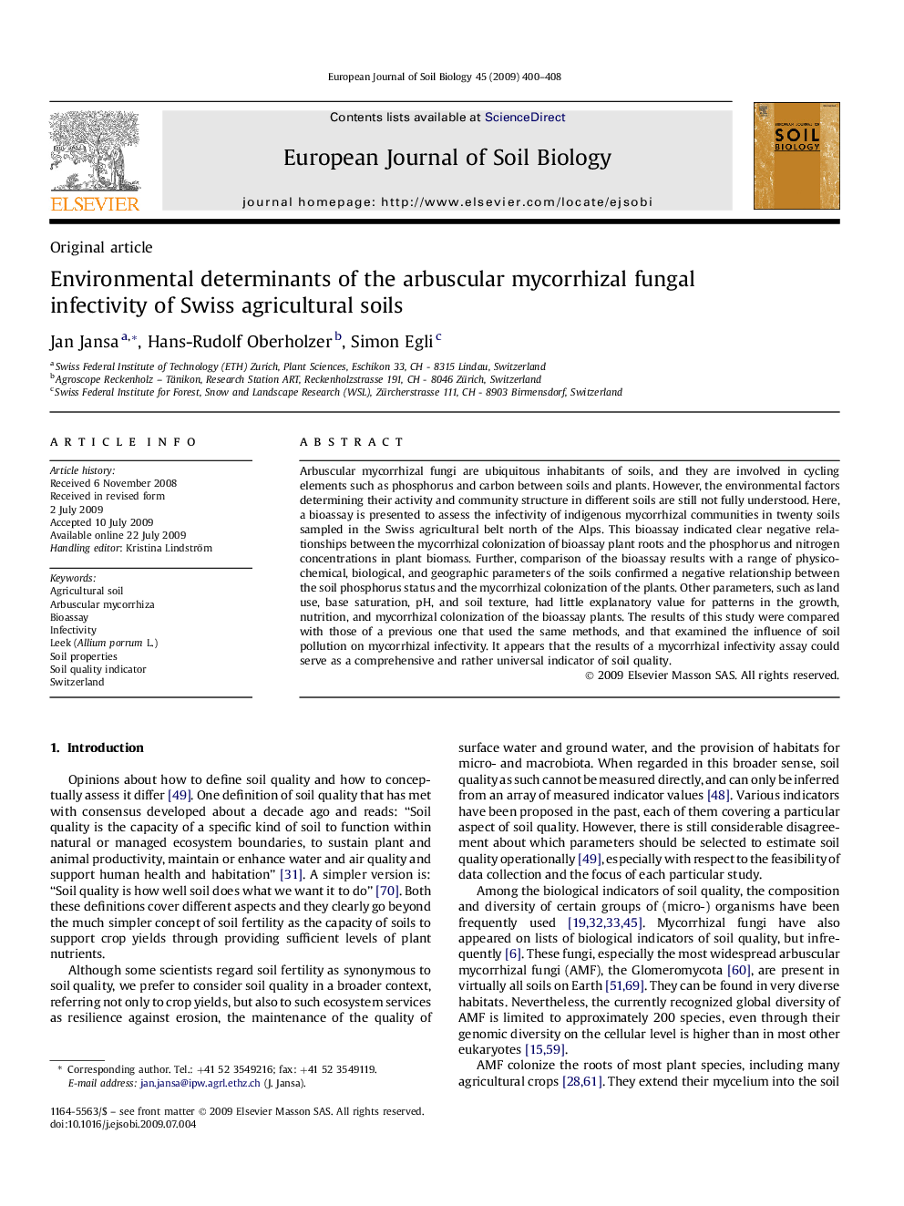 Environmental determinants of the arbuscular mycorrhizal fungal infectivity of Swiss agricultural soils