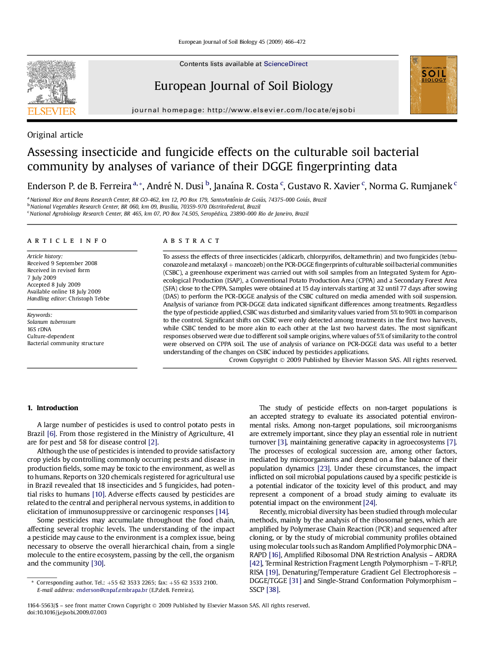 Assessing insecticide and fungicide effects on the culturable soil bacterial community by analyses of variance of their DGGE fingerprinting data