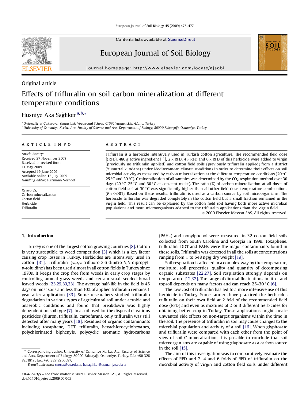 Effects of trifluralin on soil carbon mineralization at different temperature conditions