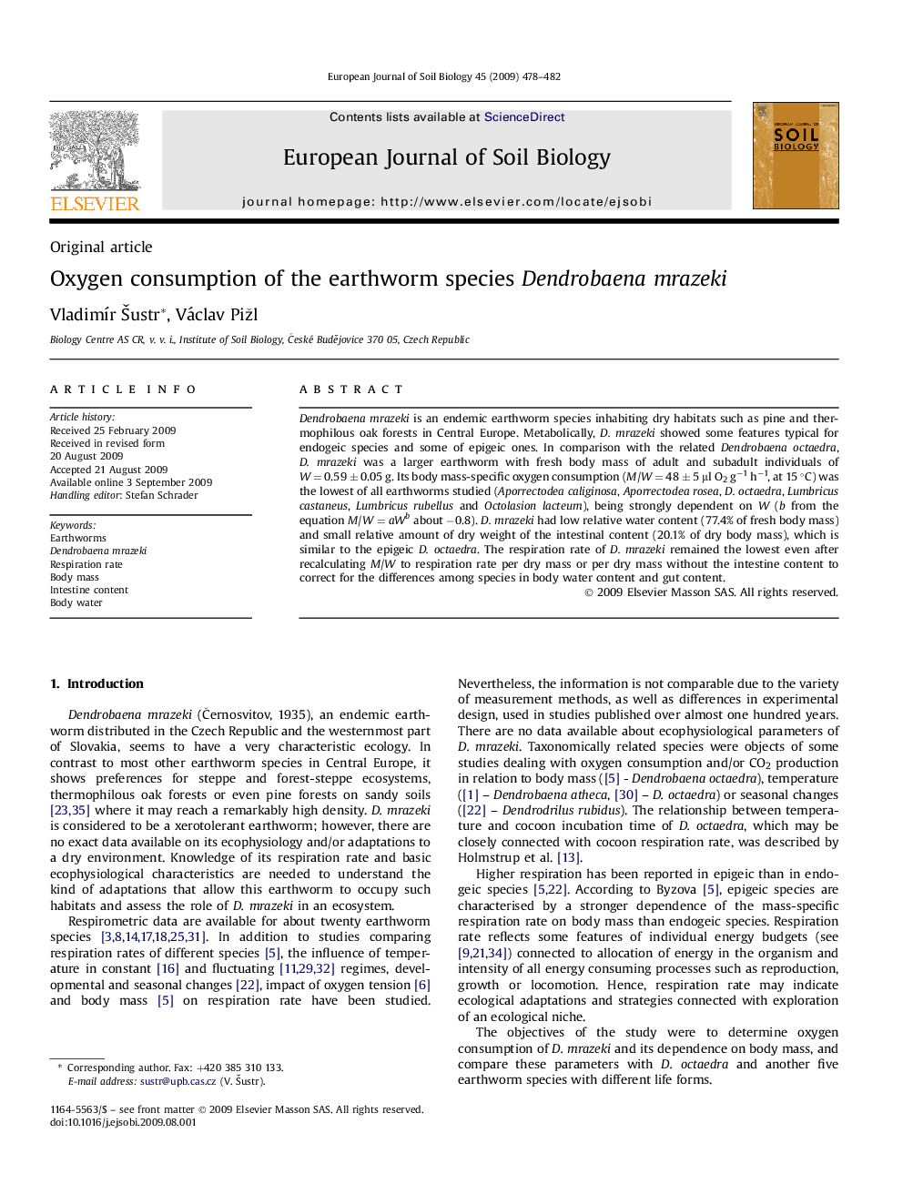 Oxygen consumption of the earthworm species Dendrobaena mrazeki