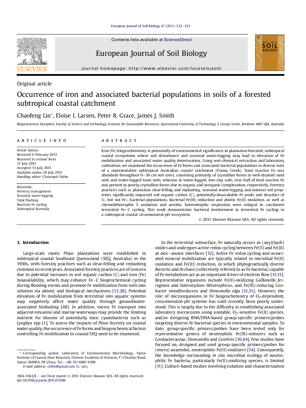 Occurrence of iron and associated bacterial populations in soils of a forested subtropical coastal catchment