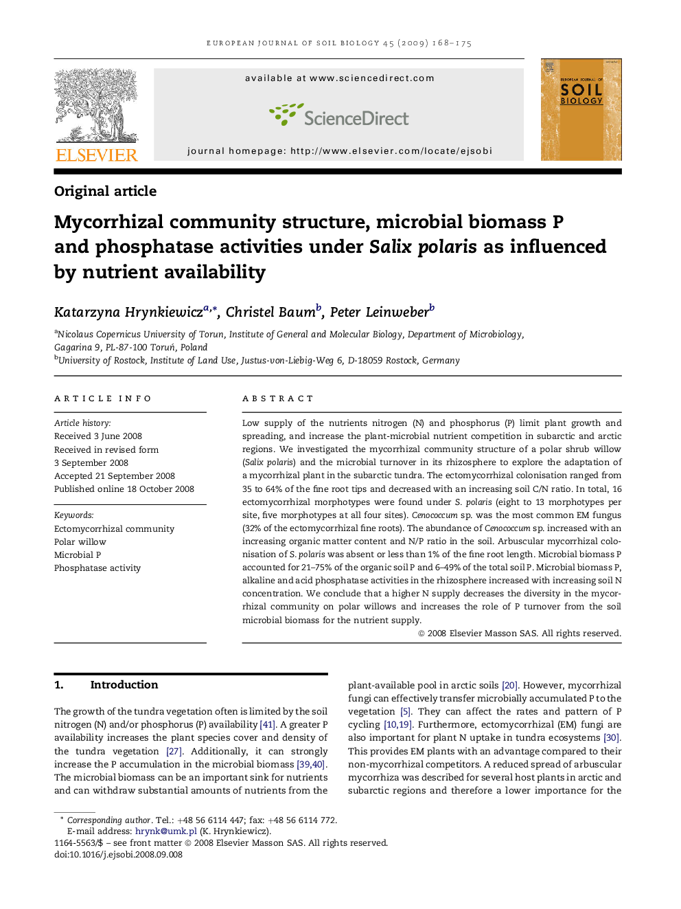 Mycorrhizal community structure, microbial biomass P and phosphatase activities under Salix polaris as influenced by nutrient availability