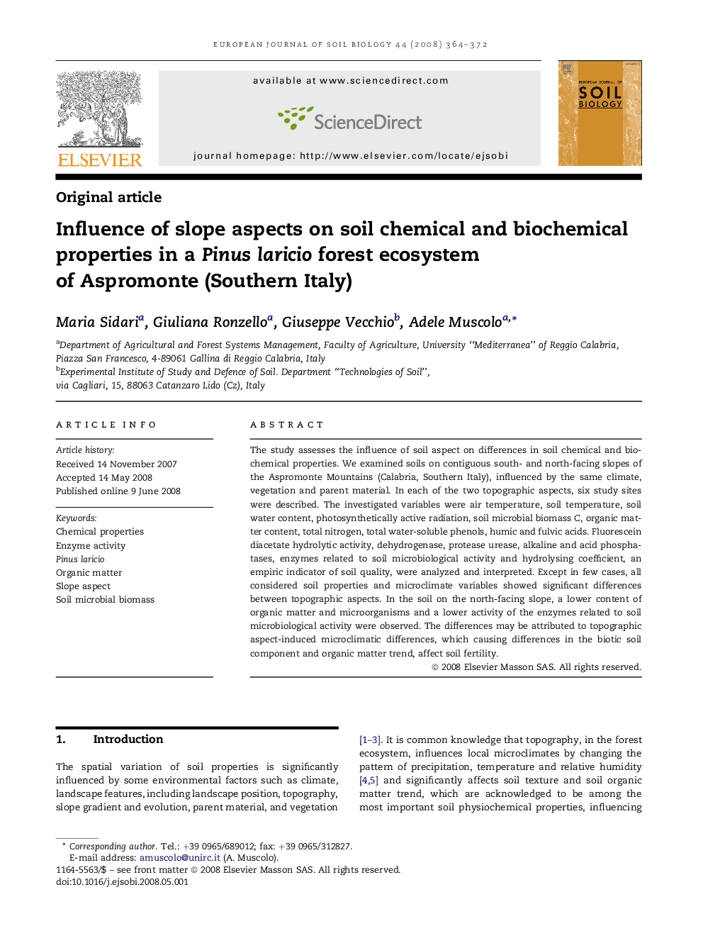 Influence of slope aspects on soil chemical and biochemical properties in a Pinus laricio forest ecosystem of Aspromonte (Southern Italy)