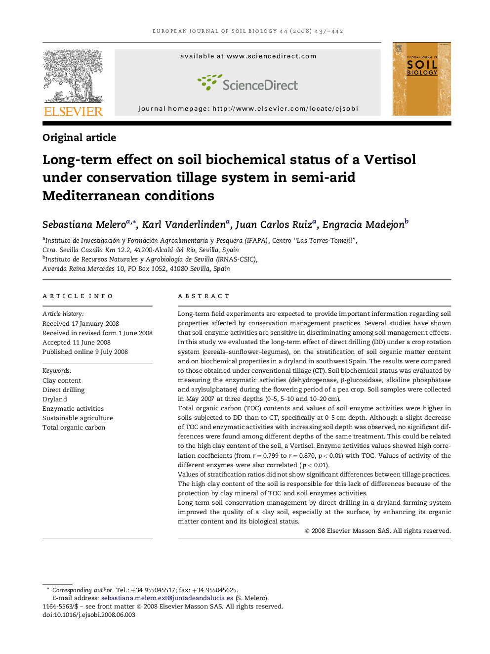 Long-term effect on soil biochemical status of a Vertisol under conservation tillage system in semi-arid Mediterranean conditions