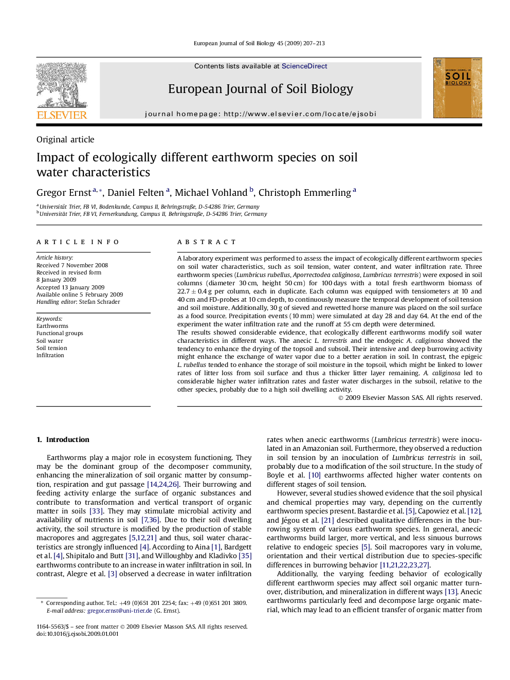 Impact of ecologically different earthworm species on soil water characteristics