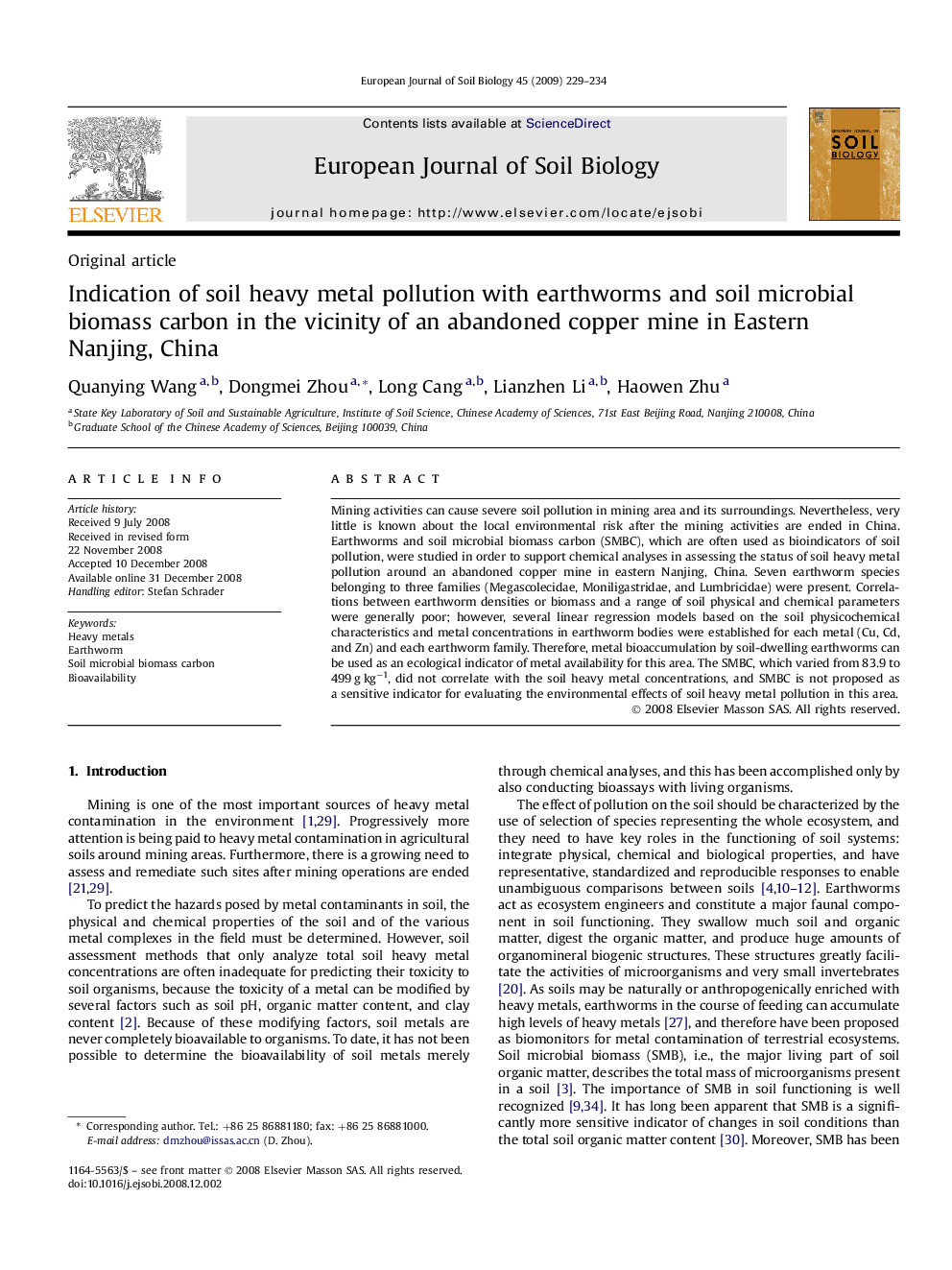 Indication of soil heavy metal pollution with earthworms and soil microbial biomass carbon in the vicinity of an abandoned copper mine in Eastern Nanjing, China