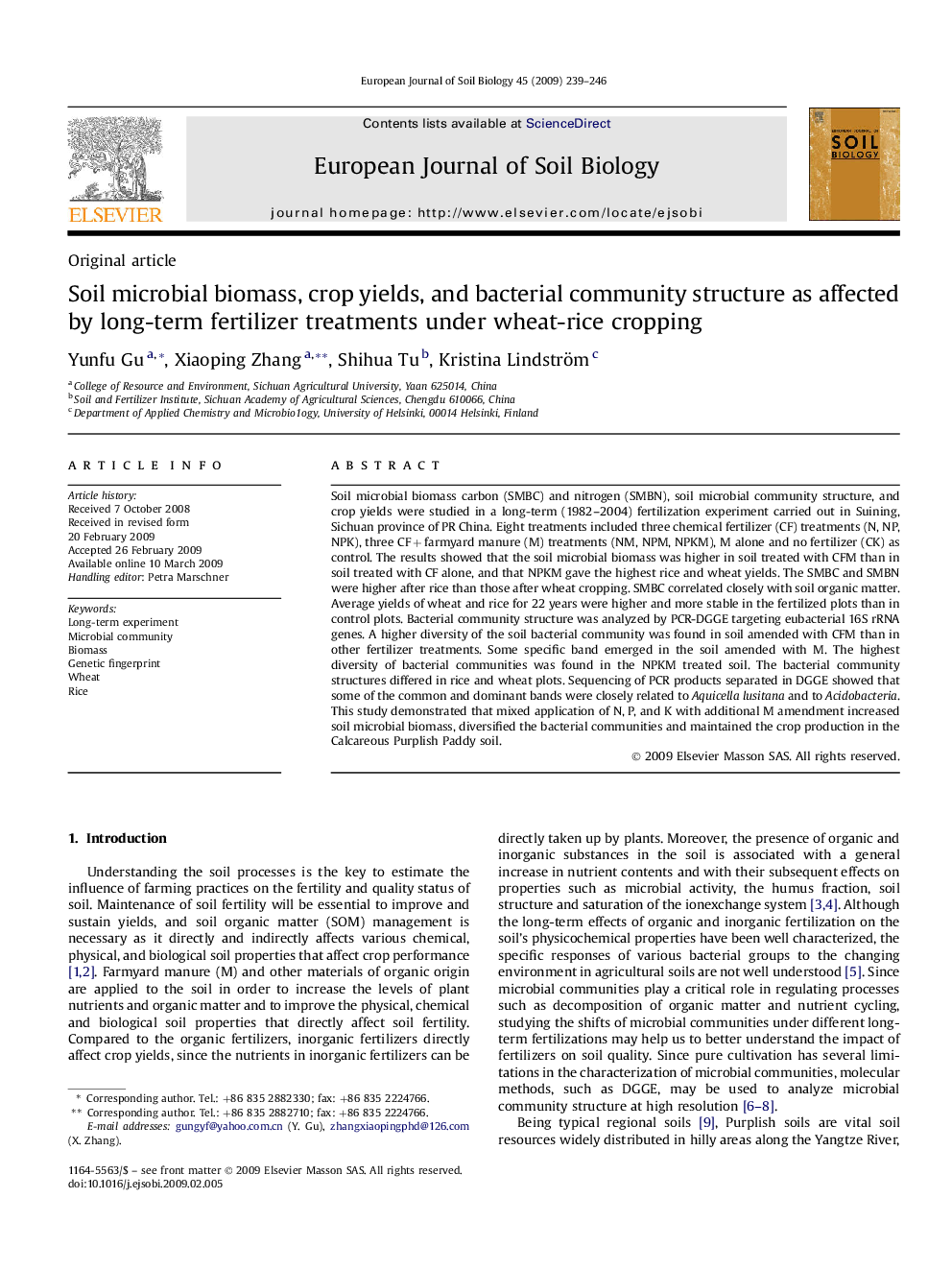 Soil microbial biomass, crop yields, and bacterial community structure as affected by long-term fertilizer treatments under wheat-rice cropping