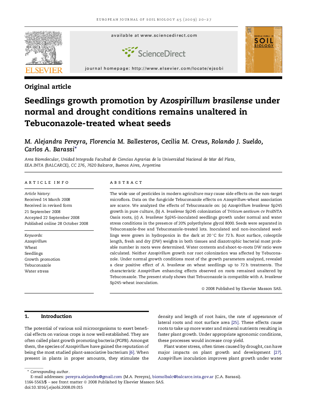 Seedlings growth promotion by Azospirillum brasilense under normal and drought conditions remains unaltered in Tebuconazole-treated wheat seeds