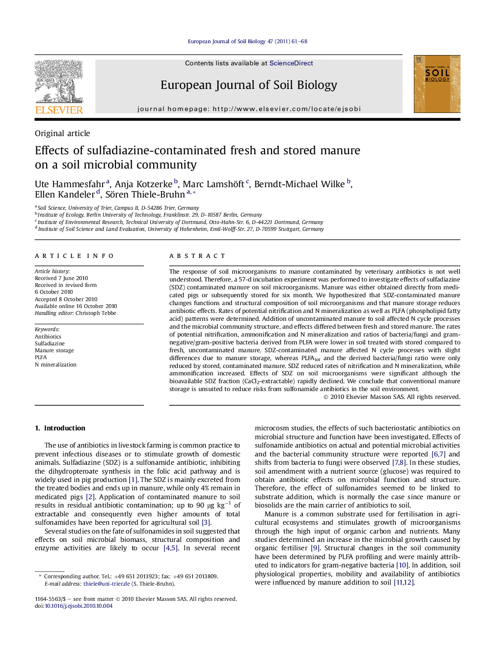 Effects of sulfadiazine-contaminated fresh and stored manure on a soil microbial community