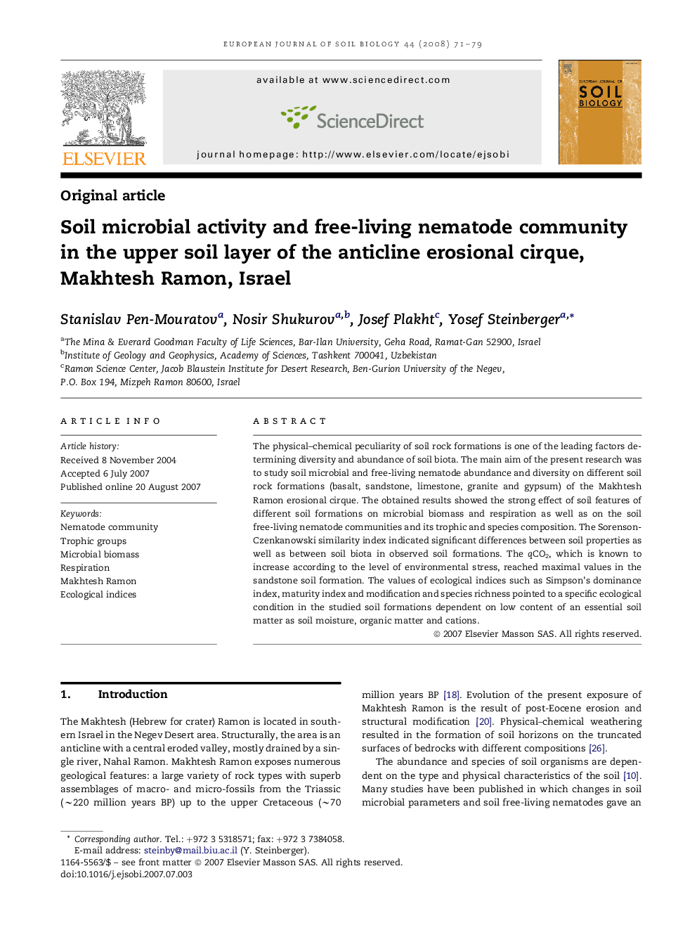 Soil microbial activity and free-living nematode community in the upper soil layer of the anticline erosional cirque, Makhtesh Ramon, Israel