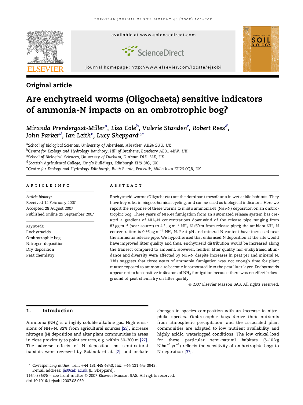 Are enchytraeid worms (Oligochaeta) sensitive indicators of ammonia-N impacts on an ombrotrophic bog?