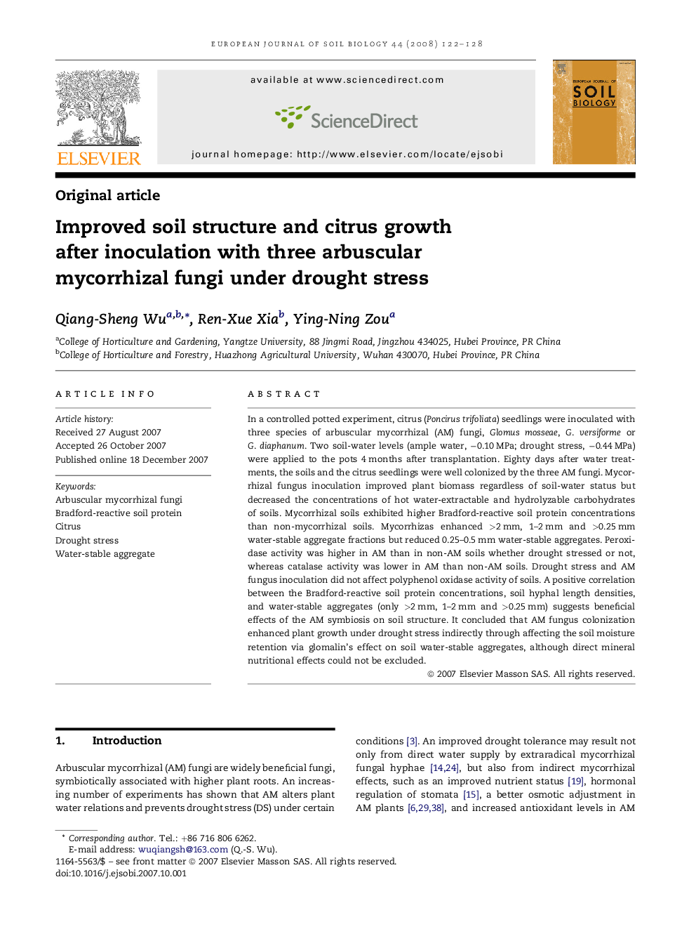 Improved soil structure and citrus growth after inoculation with three arbuscular mycorrhizal fungi under drought stress