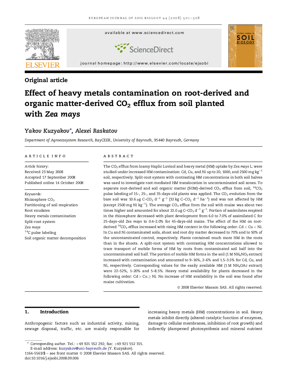 Effect of heavy metals contamination on root-derived and organic matter-derived CO2 efflux from soil planted with Zea mays