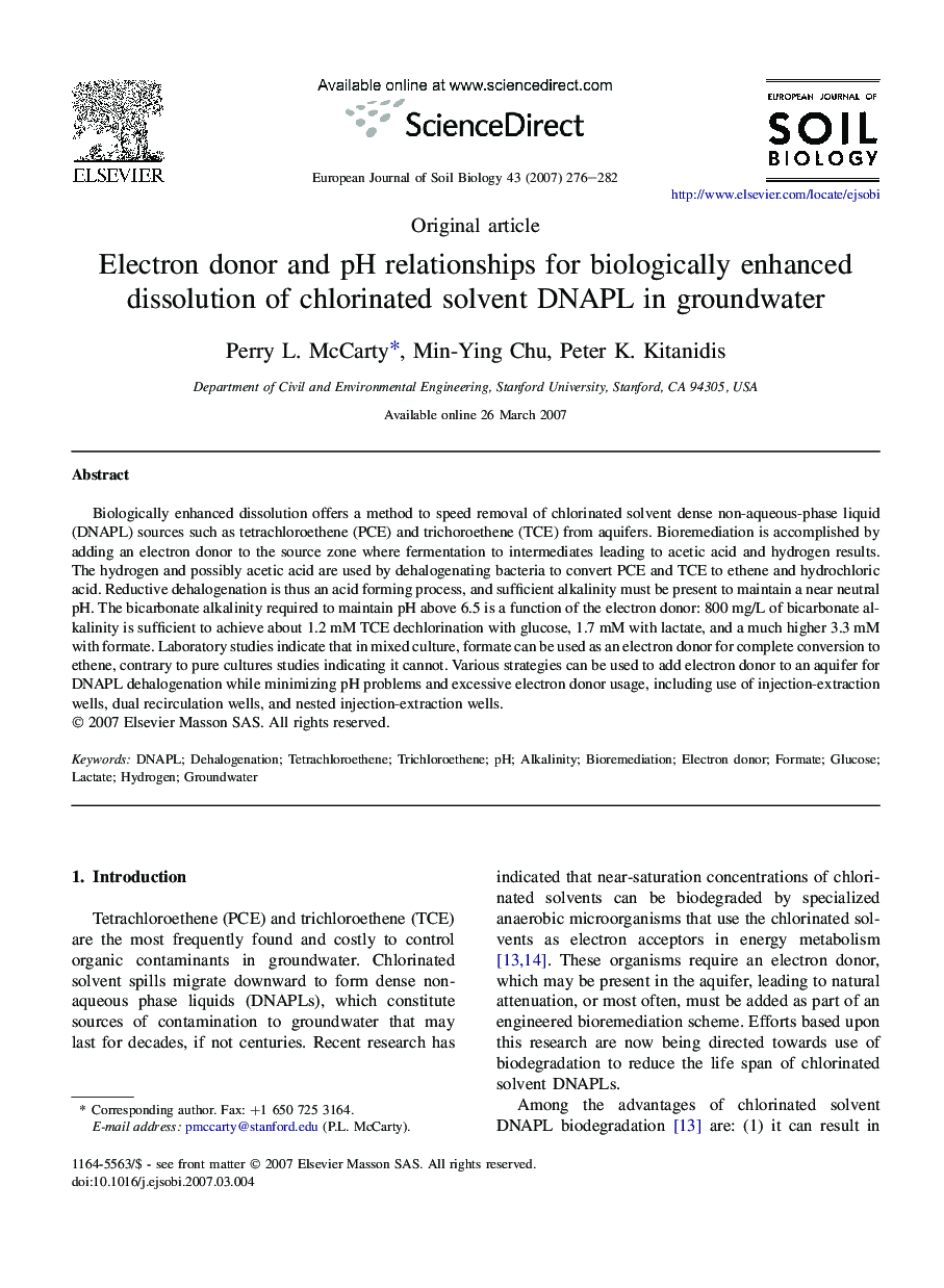 Electron donor and pH relationships for biologically enhanced dissolution of chlorinated solvent DNAPL in groundwater