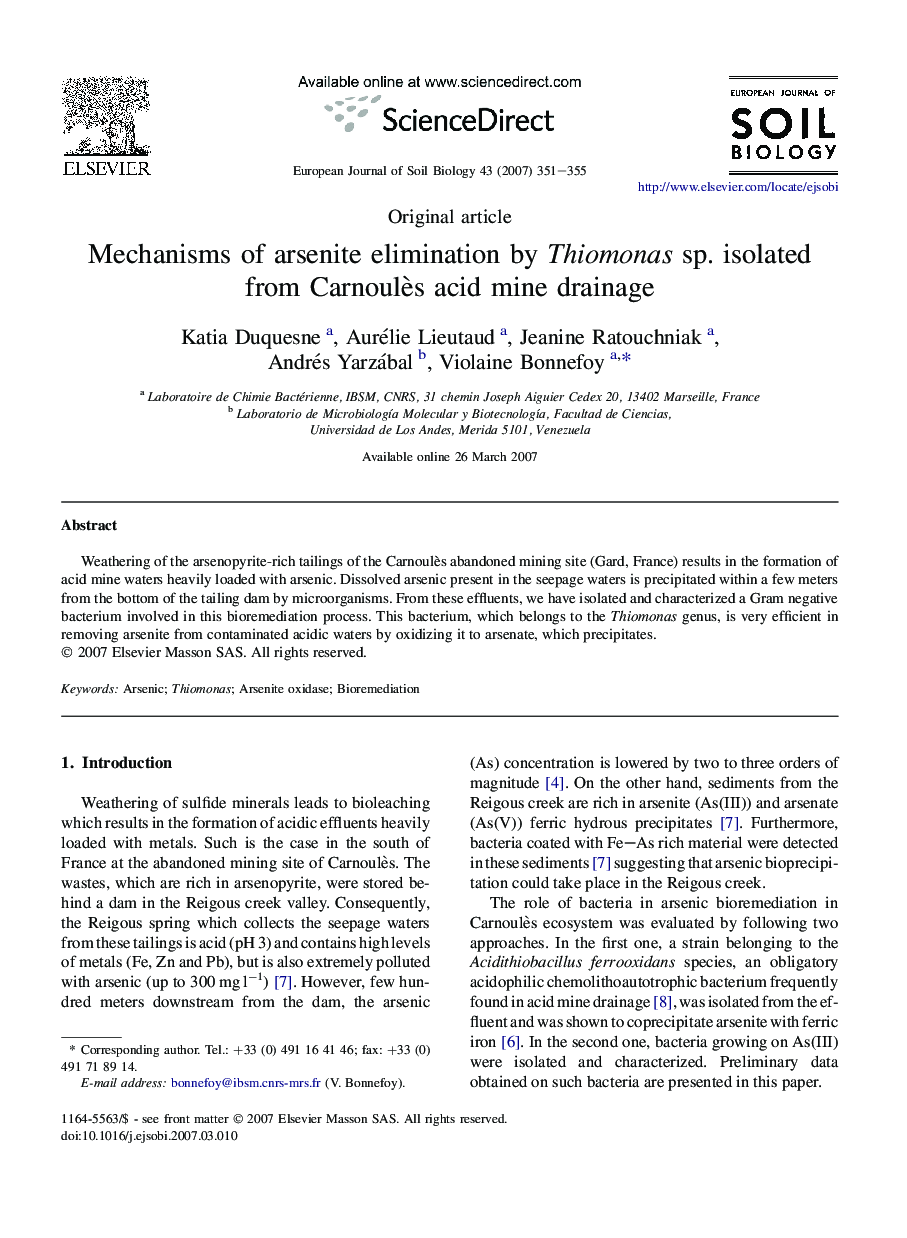 Mechanisms of arsenite elimination by Thiomonas sp. isolated from Carnoulès acid mine drainage