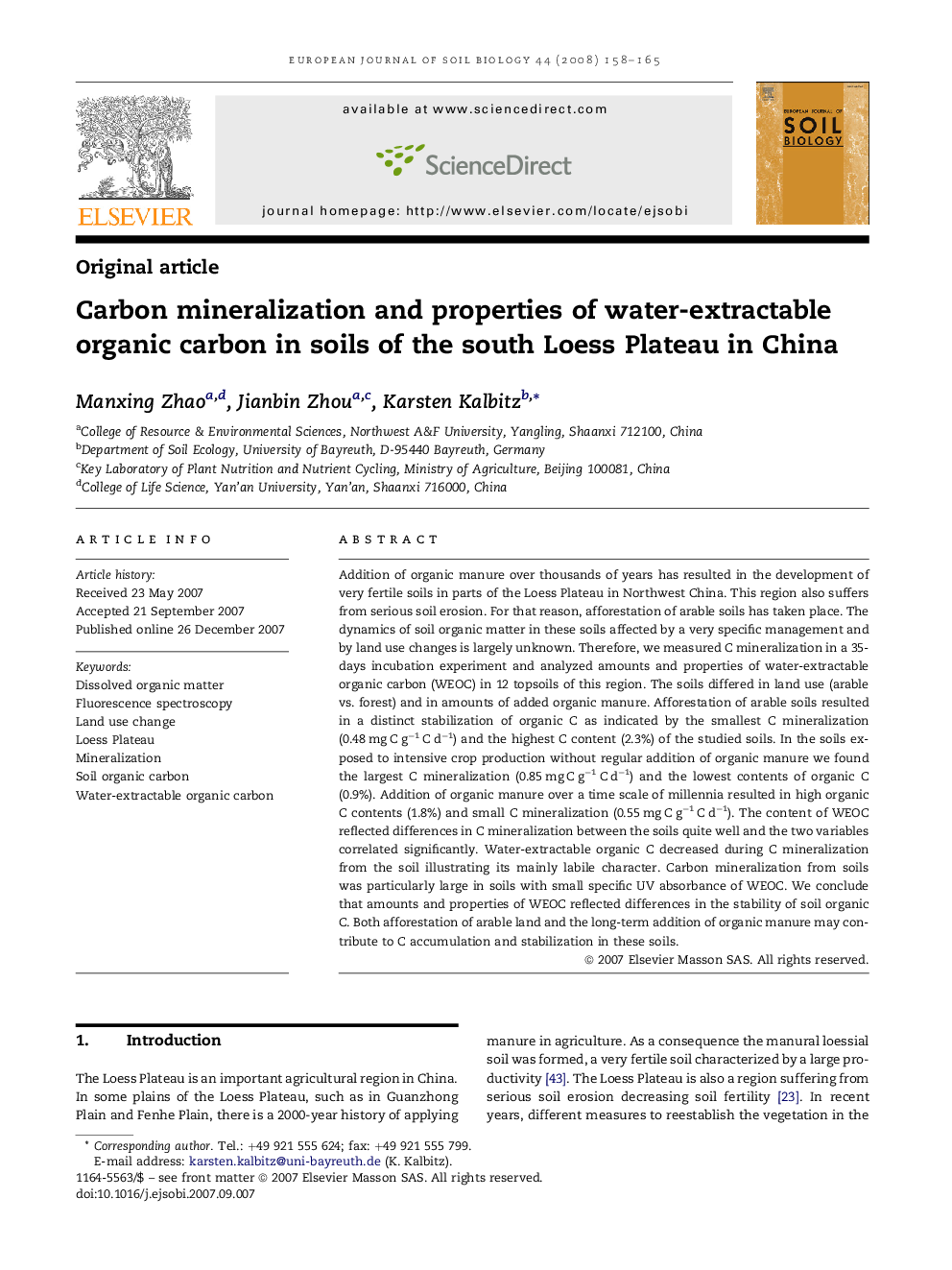 Carbon mineralization and properties of water-extractable organic carbon in soils of the south Loess Plateau in China