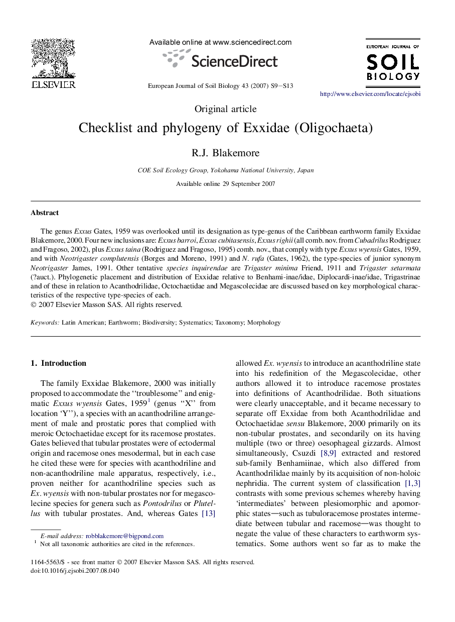 Checklist and phylogeny of Exxidae (Oligochaeta)