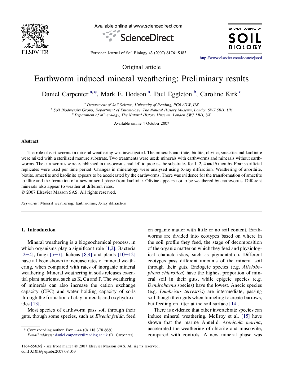 Earthworm induced mineral weathering: Preliminary results