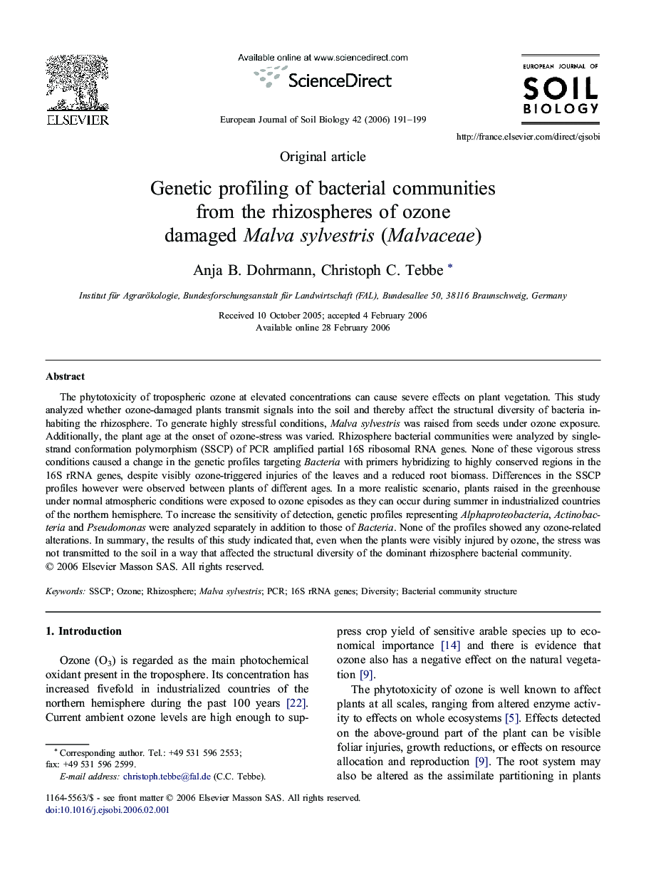 Genetic profiling ofÂ bacterial communities from theÂ rhizospheres ofÂ ozone damaged MalvaÂ sylvestris (Malvaceae)