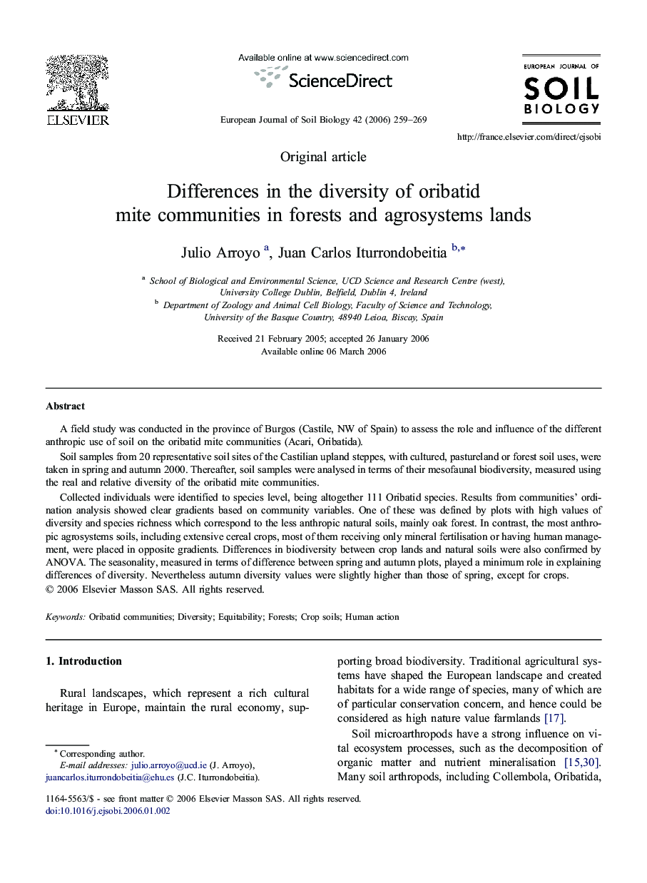 Differences in the diversity of oribatid mite communities in forests and agrosystems lands