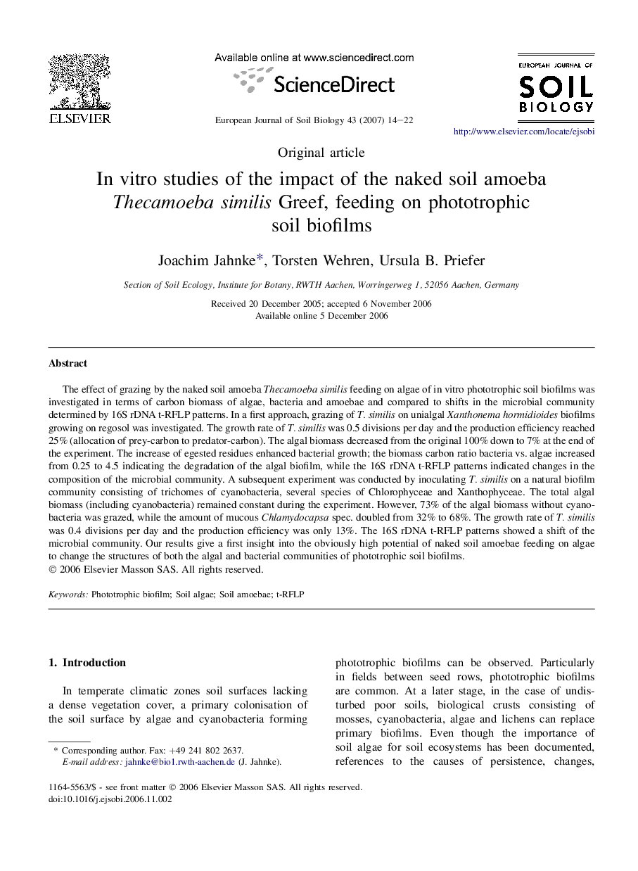 In vitro studies of the impact of the naked soil amoeba Thecamoeba similis Greef, feeding on phototrophic soil biofilms