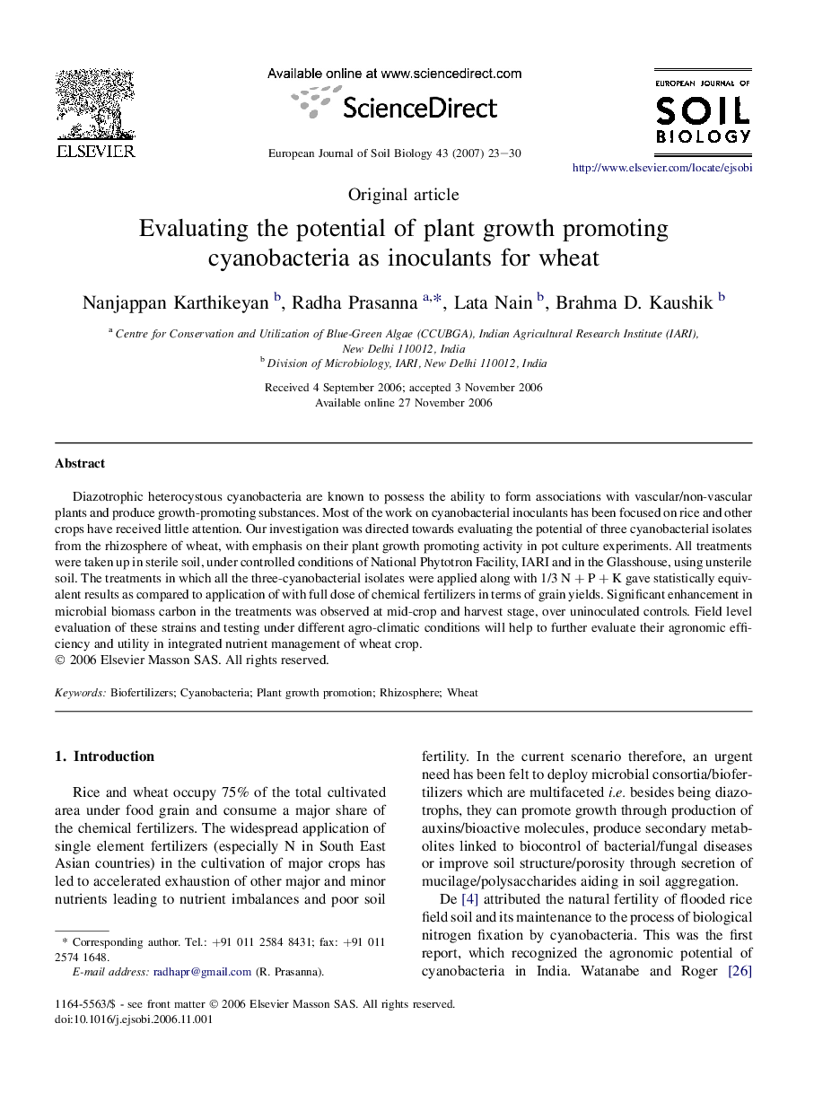 Evaluating the potential of plant growth promoting cyanobacteria as inoculants for wheat