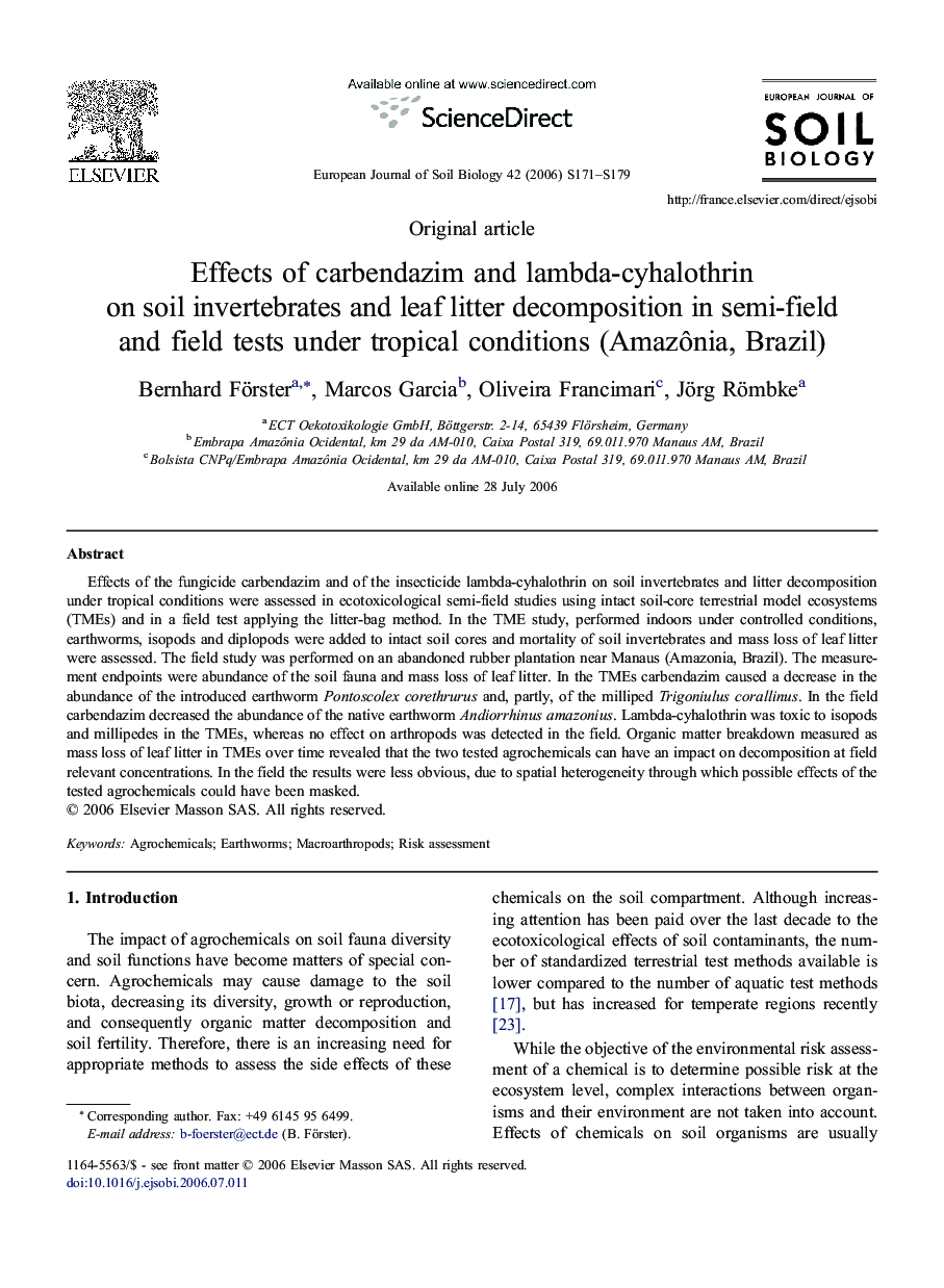 Effects of carbendazim and lambda-cyhalothrin on soil invertebrates and leaf litter decomposition in semi-field and field tests under tropical conditions (Amazônia, Brazil)