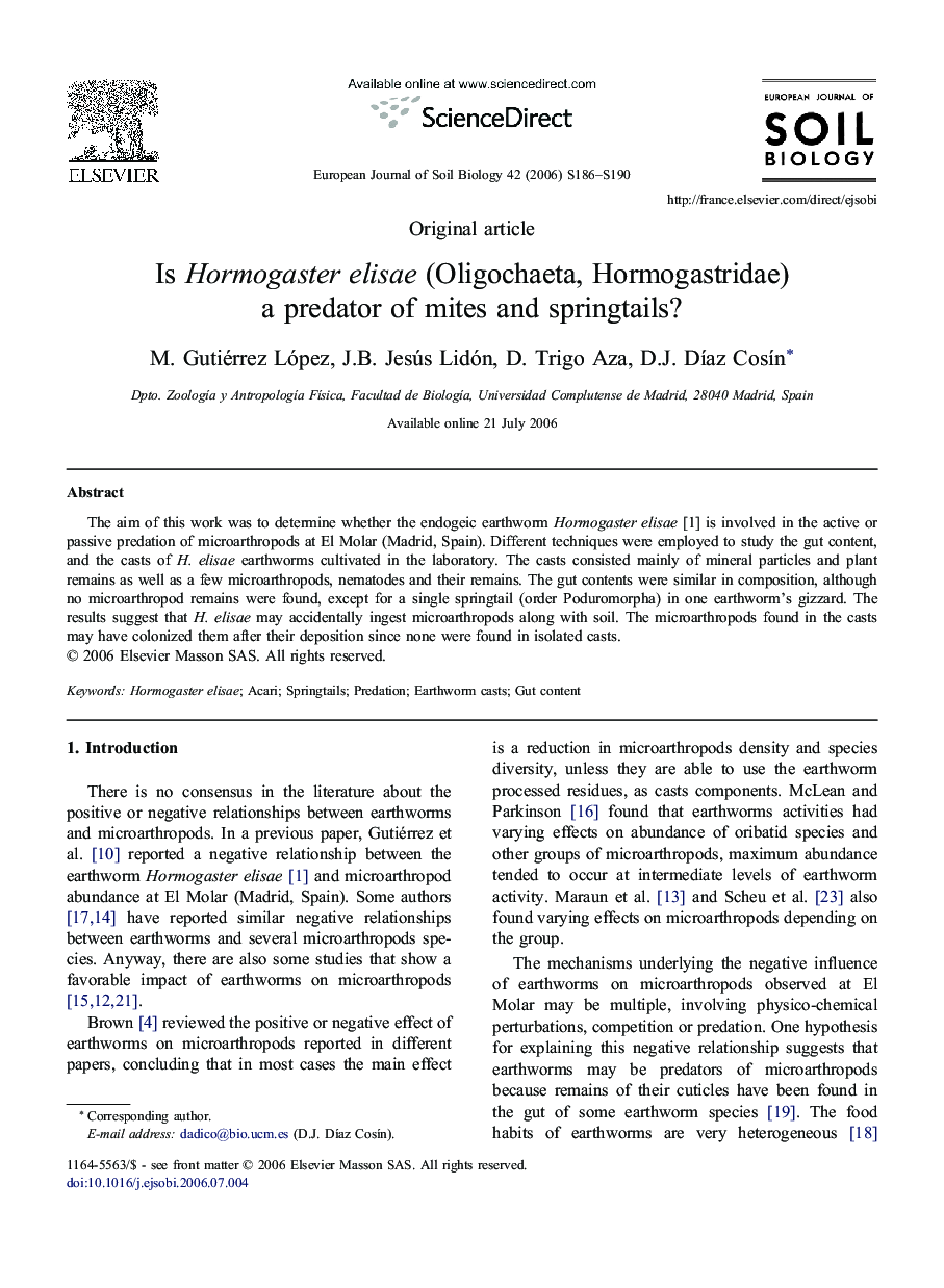 Is HormogasterÂ elisae (Oligochaeta, Hormogastridae) aÂ predator ofÂ mites andÂ springtails?