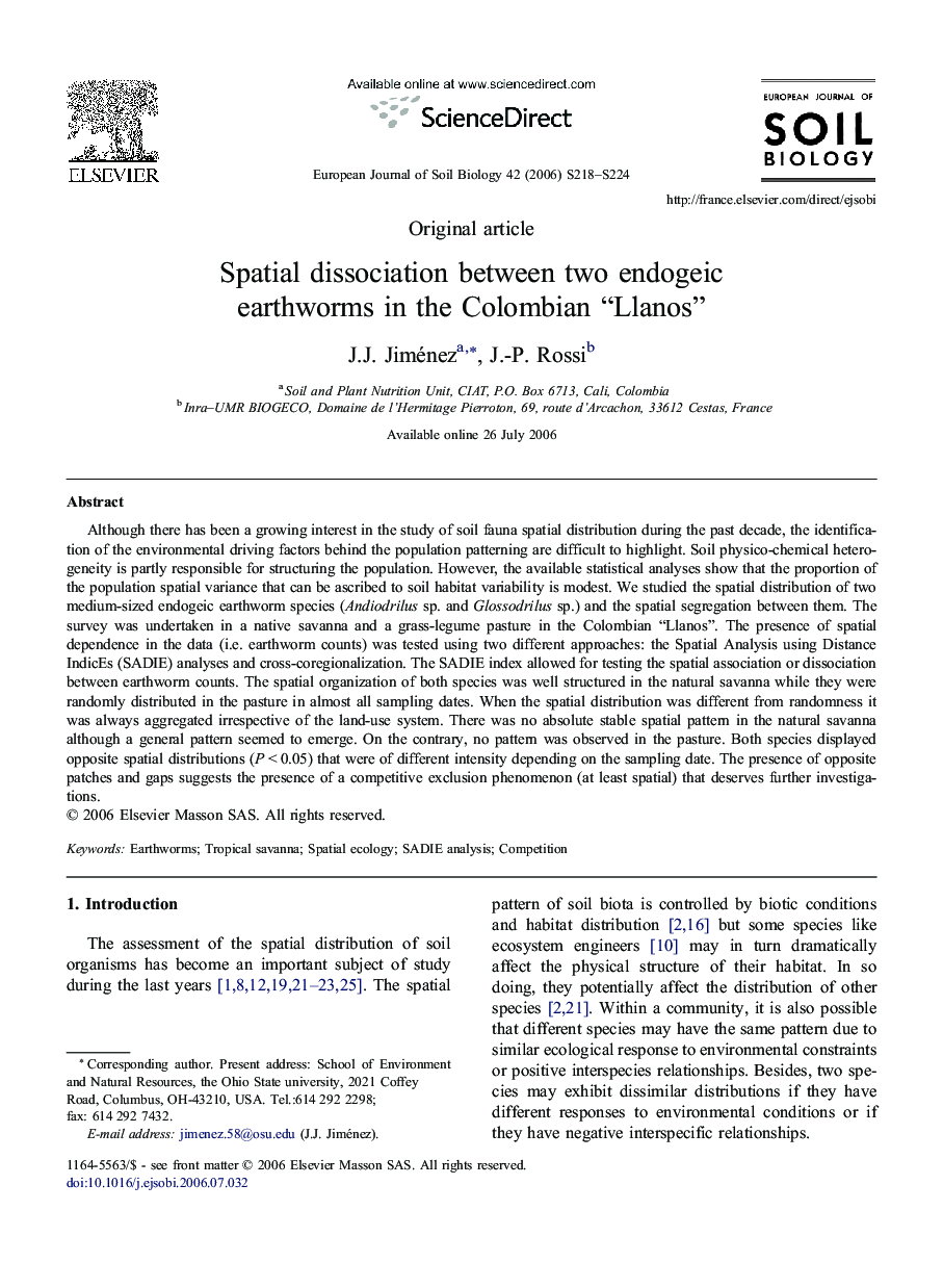 Spatial dissociation between twoÂ endogeic earthworms inÂ theÂ Colombian “Llanos”