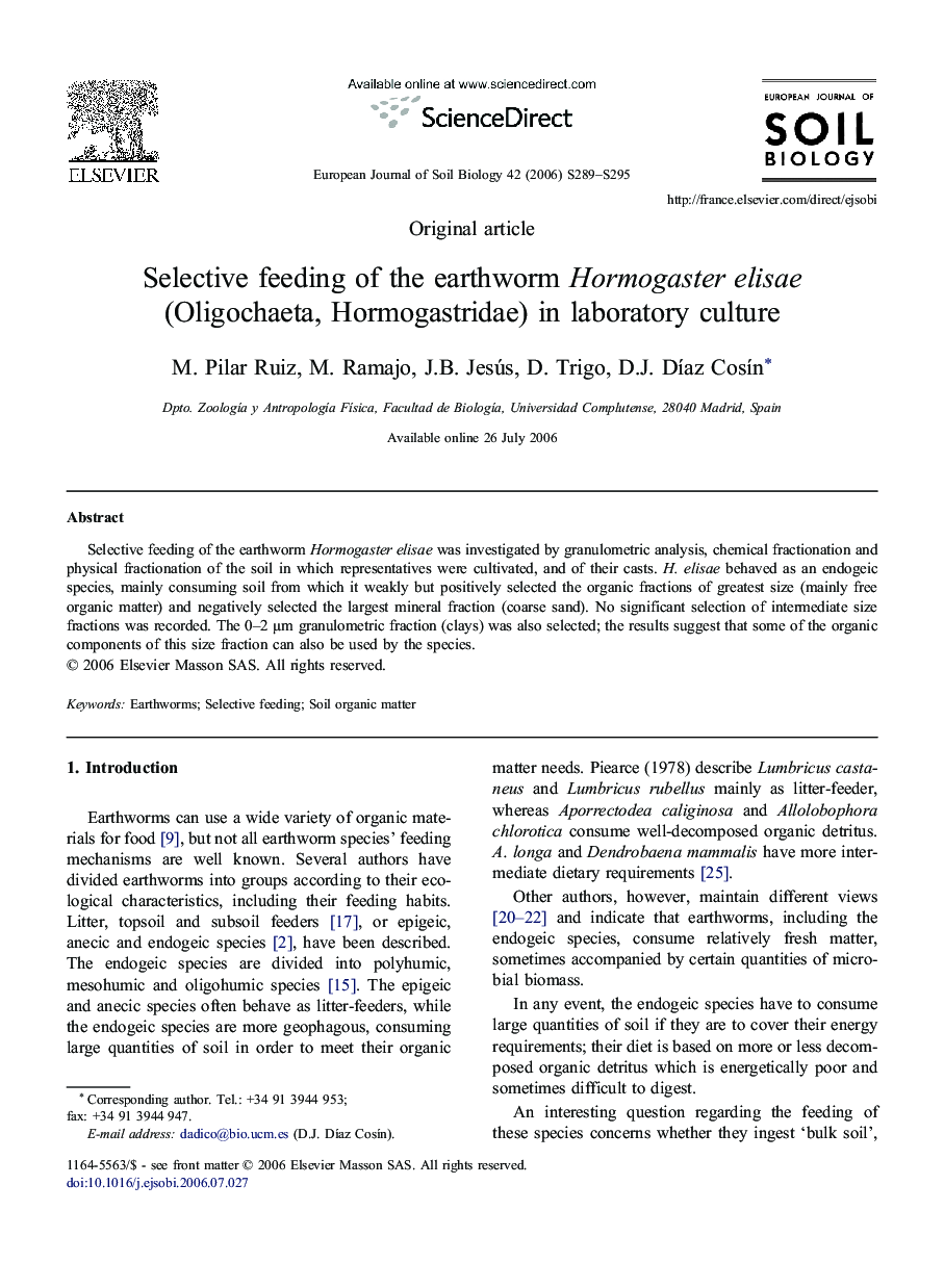 Selective feeding of the earthworm Hormogaster elisae (Oligochaeta, Hormogastridae) in laboratory culture