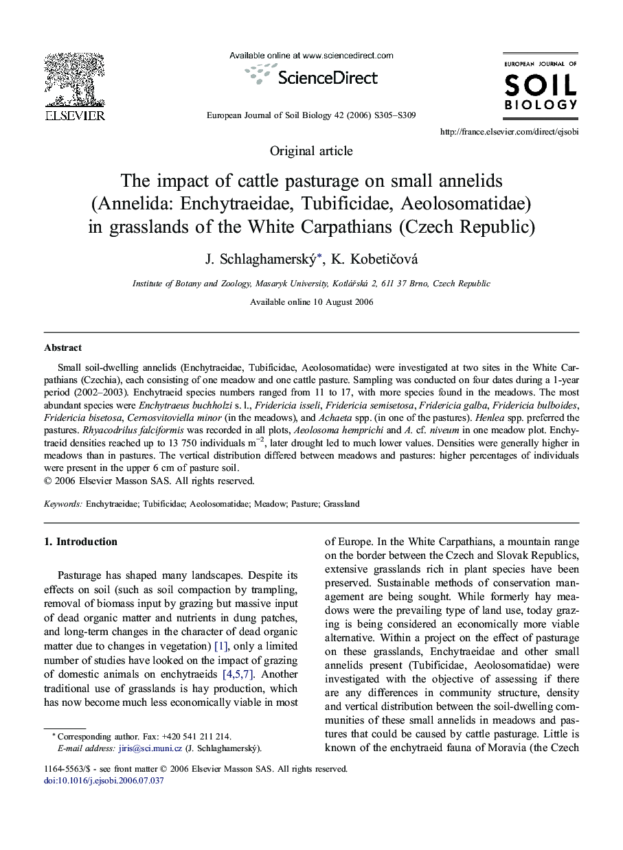 The impact of cattle pasturage on small annelids (Annelida: Enchytraeidae, Tubificidae, Aeolosomatidae) in grasslands of the White Carpathians (Czech Republic)