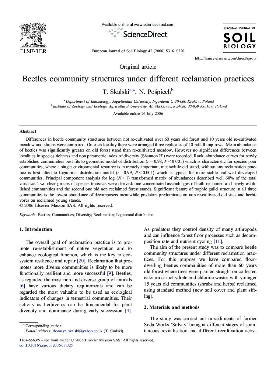 Beetles community structures under different reclamation practices