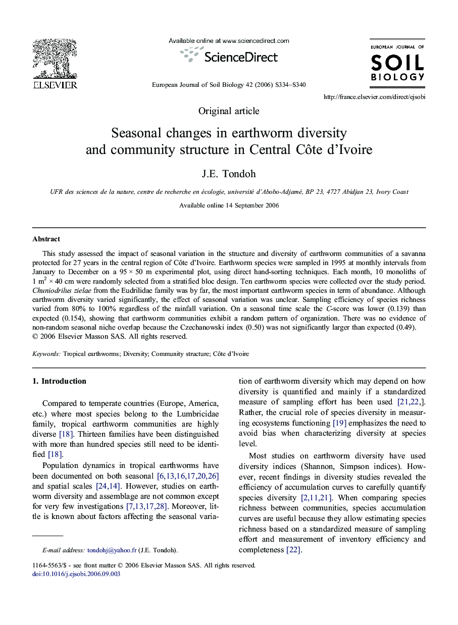 Seasonal changes inÂ earthworm diversity andÂ community structure inÂ Central CÃ´te d'Ivoire