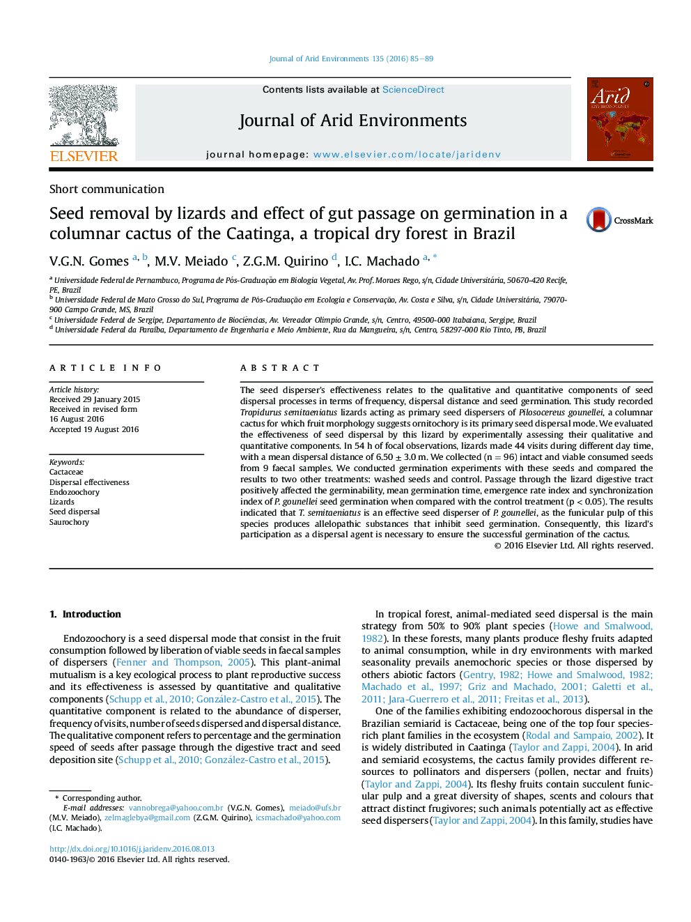 Seed removal by lizards and effect of gut passage on germination in a columnar cactus of the Caatinga, a tropical dry forest in Brazil