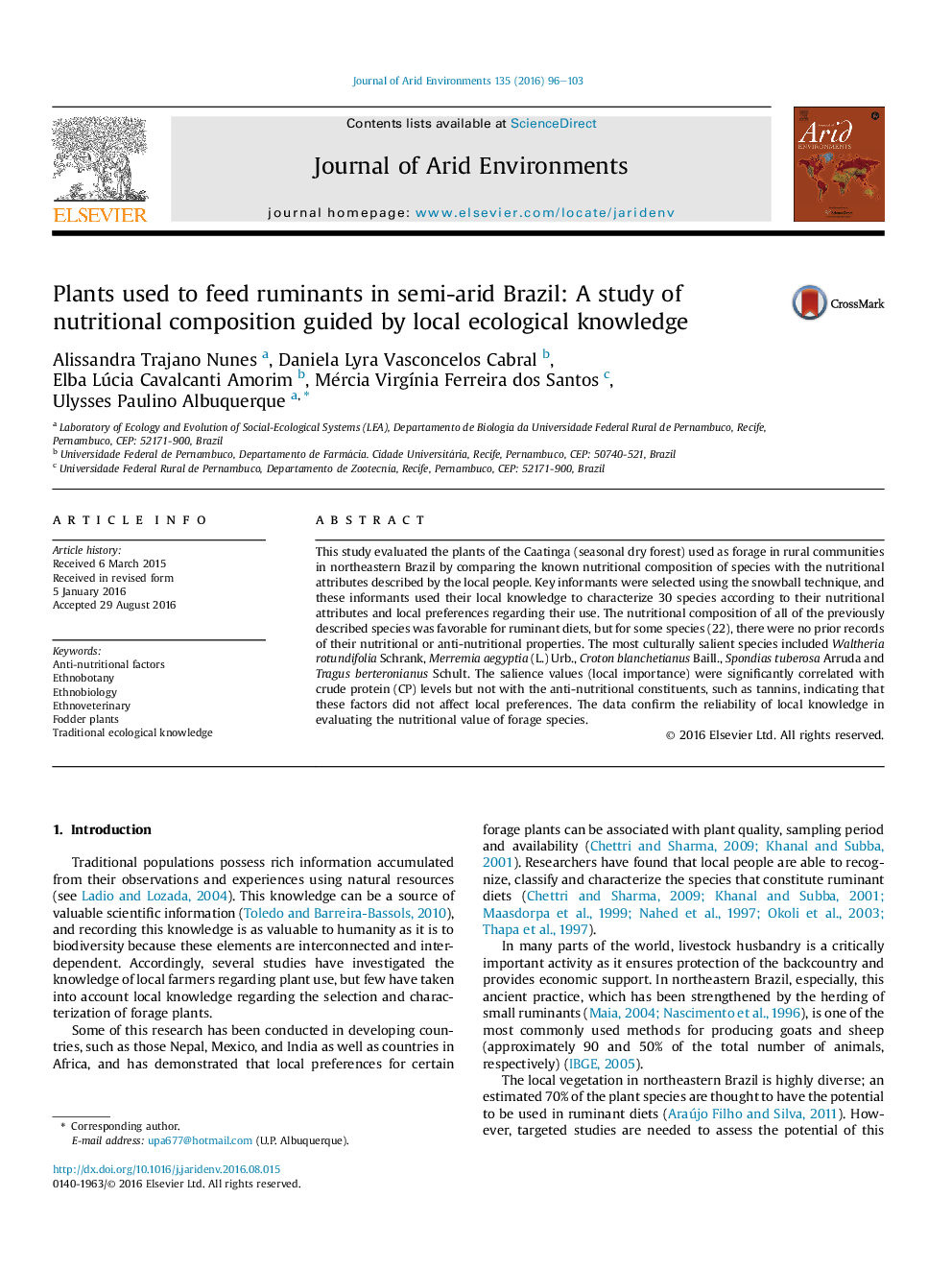 Plants used to feed ruminants in semi-arid Brazil: A study of nutritional composition guided by local ecological knowledge