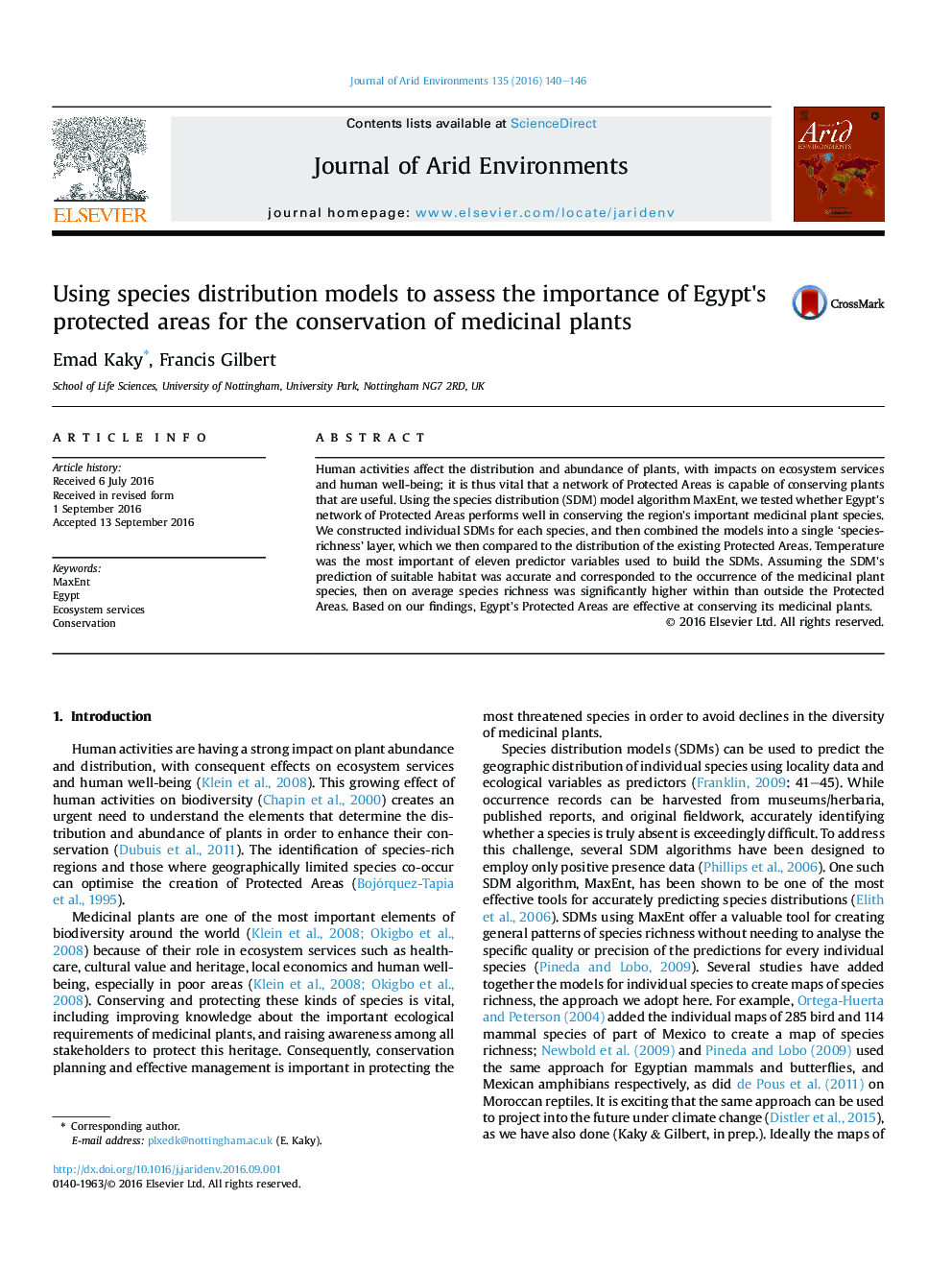 Using species distribution models to assess the importance of Egypt's protected areas for the conservation of medicinal plants