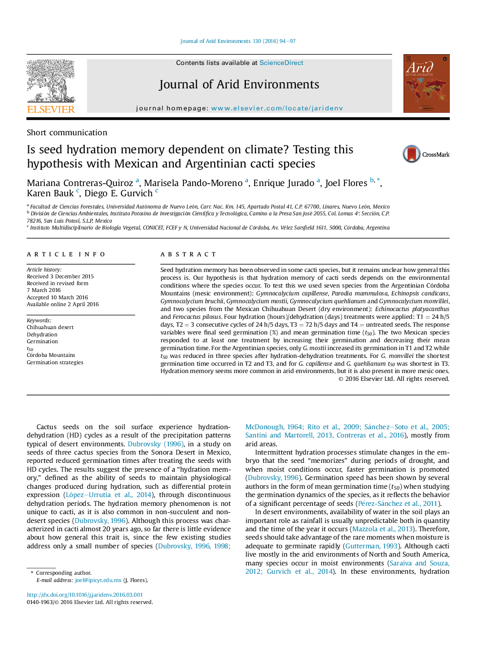 Is seed hydration memory dependent on climate? Testing this hypothesis with Mexican and Argentinian cacti species