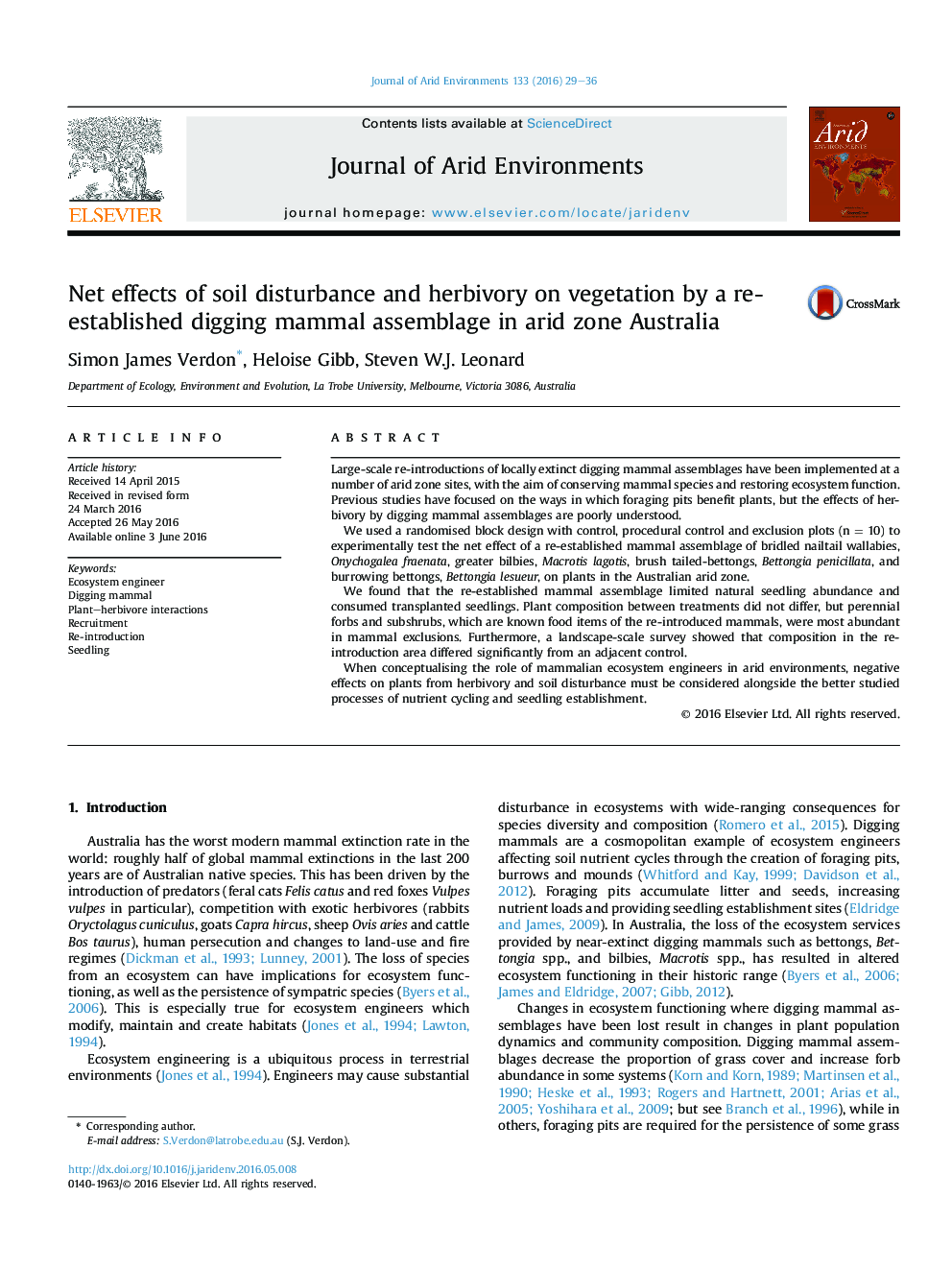 Net effects of soil disturbance and herbivory on vegetation by a re-established digging mammal assemblage in arid zone Australia