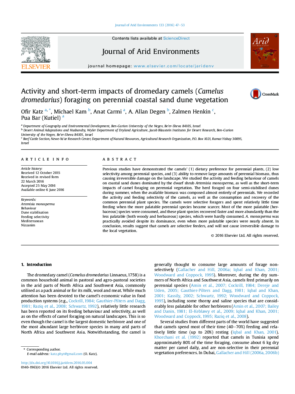 Activity and short-term impacts of dromedary camels (Camelus dromedarius) foraging on perennial coastal sand dune vegetation