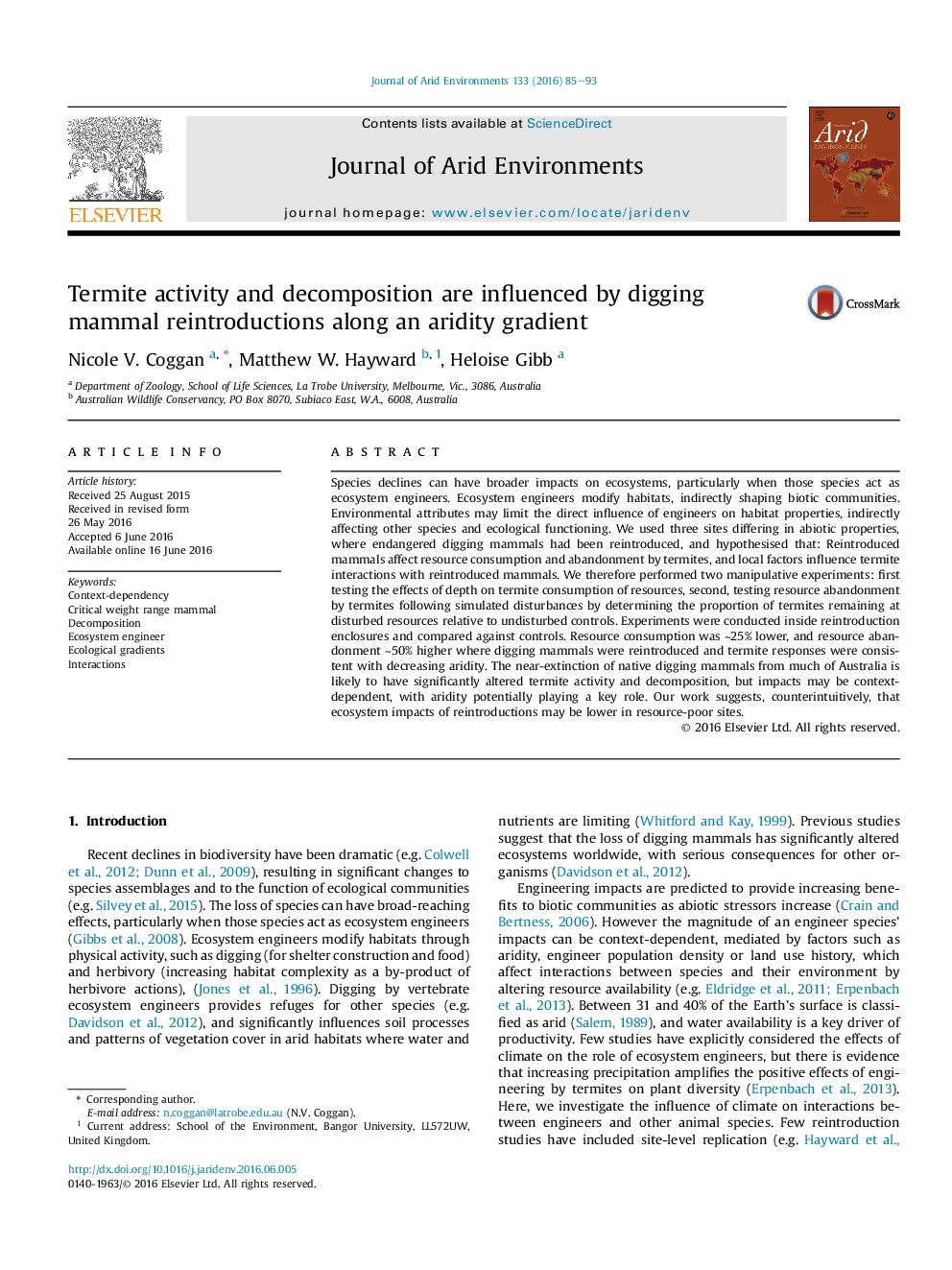 Termite activity and decomposition are influenced by digging mammal reintroductions along an aridity gradient